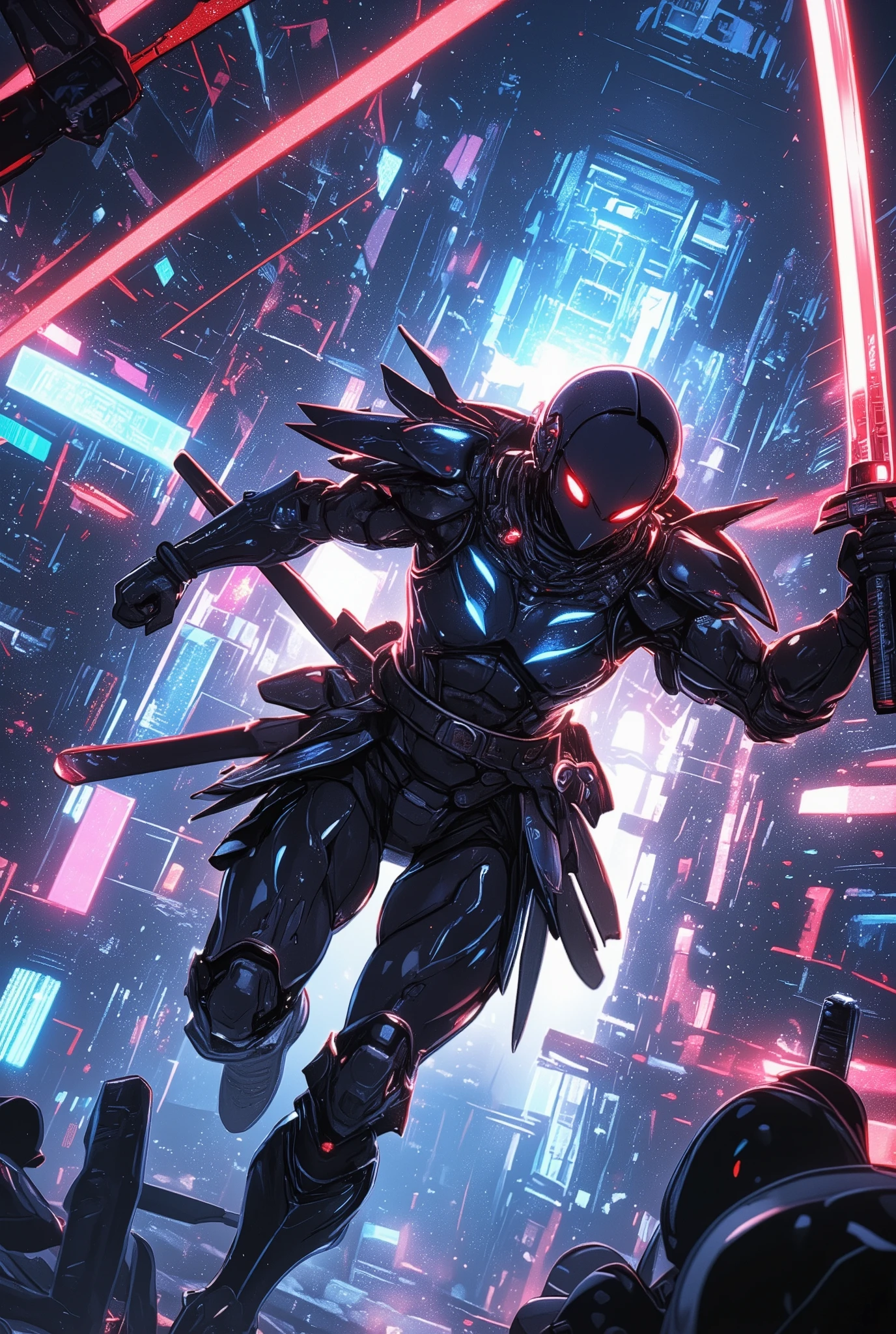 Ruthless Space Samurai ,  Japanese Sword with Shining Blade ,  Spacesuits with Armor Images ,  Running through Space , Cool,  cyberpunk,  Neon Light ,  Cosmic Space,  professional writing,  Sci-fi,  Intricate Details,  cinematic lights,  vibrant colors,  digital art,  very detailed, Realistic,  dynamic configuration, Great view, Advanced Architecture,  Shiny Metal Structures ,  futuristic technology ,  Floating Platforms ,  Glowing Energy Field ,  Expansive Panoramic Views , Haze of the Atmosphere ,  Dramatic Lighting,  vivid imagination ,  Masterpiece