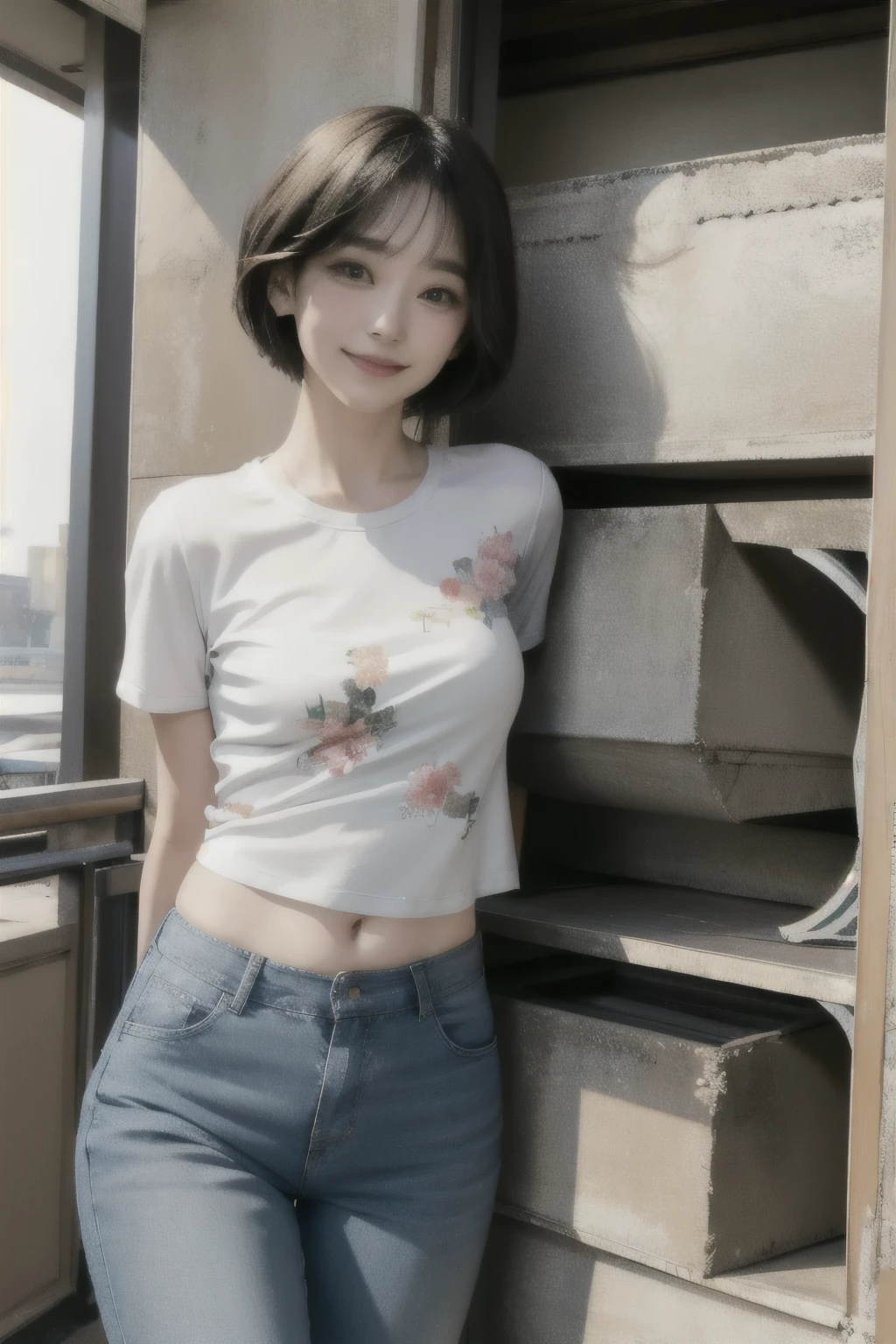 357 (20-year-old woman),( short hair), ( High Definition Photos ), (smile), (Floral T-shirt), ( long pants that float inside)