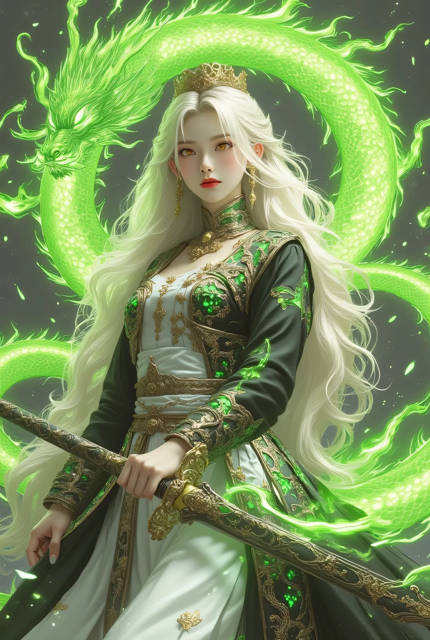 masterpiece,best quality,high resolution,super fine Illustration,
detailed background,detailed skin,detailed face,detailed eye,

The dynamic scene captures, ((dragon)),flame,fire,
the instant green energy sparks as a woman with golden hair and orange eyes,(black brilliant china dress),sexy dress,jewelry,colorful,
launches a thrusting attack with a great sword that is covered in green flames,
The green flames surrounding her great sword give it an eerie glow,glowing,dark fantasy,
battle scene,battlefield background,