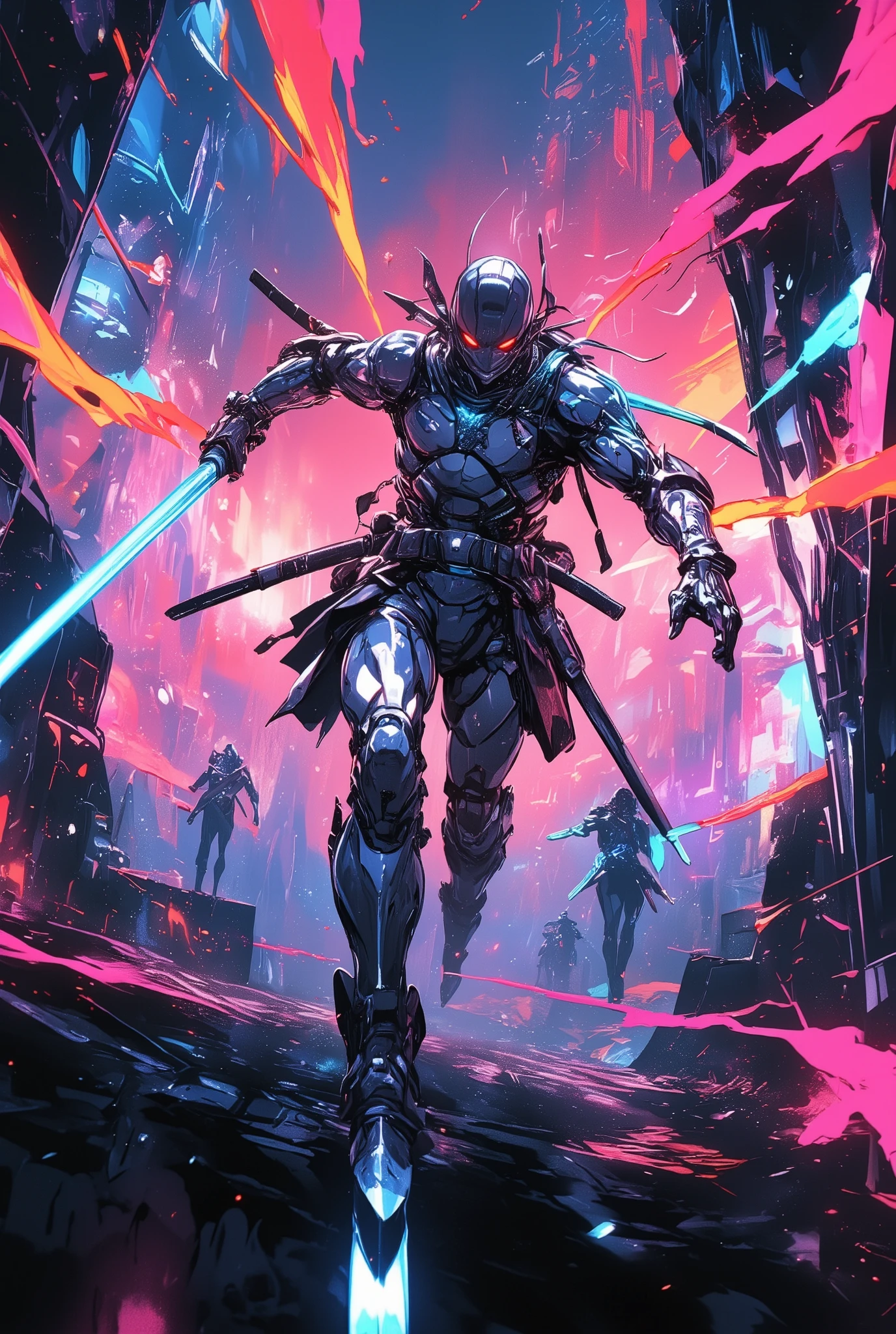 Ruthless Space Samurai , Japanese Sword with Shining Blade , Spacesuits with Armor Images , Running through Space , Cool, cyberpunk, Neon Light , Cosmic Space, professional writing, Sci-fi, Intricate Details, cinematic lights, vibrant colors, digital art, very detailed, Realistic, dynamic configuration, Great view, Advanced Architecture, Shiny Metal Structures , futuristic technology , Floating Platforms , Glowing Energy Field , Expansive Panoramic Views , Haze of the Atmosphere , Dramatic Lighting, vivid imagination , Masterpiece