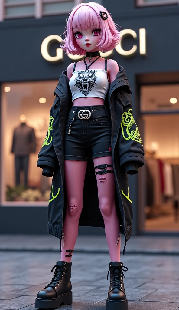 (furry:1.2), (a hairy anthropomorphic raccoon woman:1.2) crouched in a cyberpunk/alley (((seen from the front, looking at a puddle of water)), wearing a large hoodie and loose jeans, cleavage, green sneakers, (thin waist), robotic part on the face, night background((heavy rain)), crowded neon hallway, dramatic light, cinematic:1.3), ((she's wet))