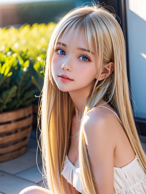 Very beautiful, bright, large light blue eyes、Very big eyes、Super long, super beautiful, bright blonde hair、Super long straight hair、Silky Hair、long bangs over the eyes、Very beautiful face, Young and shiny white skin、Very beautiful appearance、Beautiful and cute face、Very beautiful 14 year old, Stylish Nordic blonde beauty、A little larger chest, Full Body, Pubic hair, Very cute、hair over eyes、hair over one eye、hair between eyes、Round face