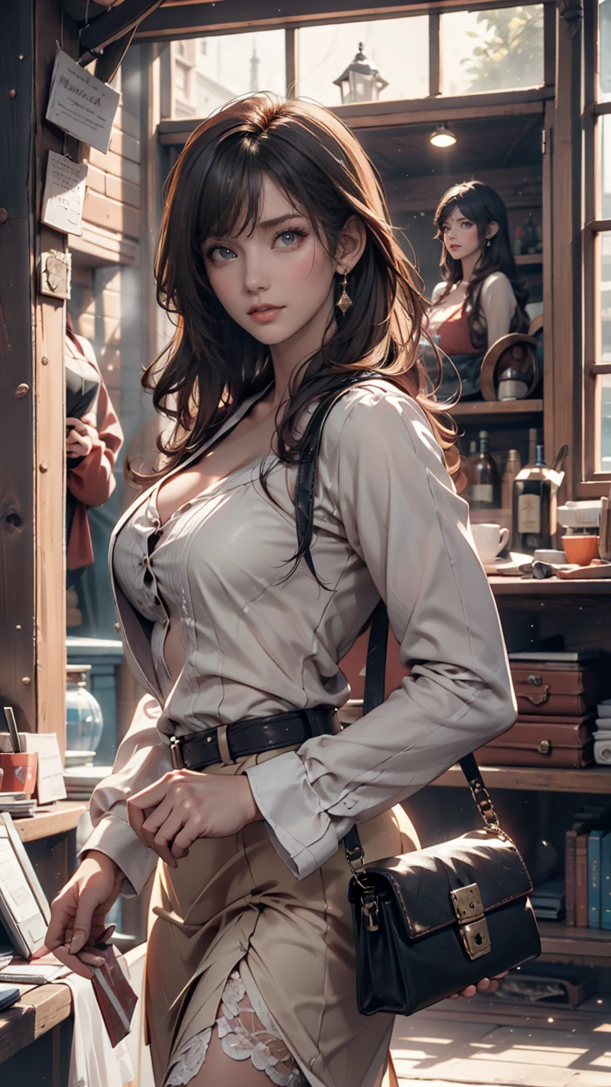 A 13-year-old girl with pale skin and long hair。, Straight black hair. big, black eyes , With an intense and mysterious look. Wearing costumes from the Orphan movie, With a more elegant and sophisticated touch, Something that matches her mysterious and strong personality. whole, Her appearance will be impressive, Attracts curious and inquisitive gazes. flat chest, Cinema Lighting, chromatic aberration, Backlight, masterpiece, Attention to detail, high quality, 4K.