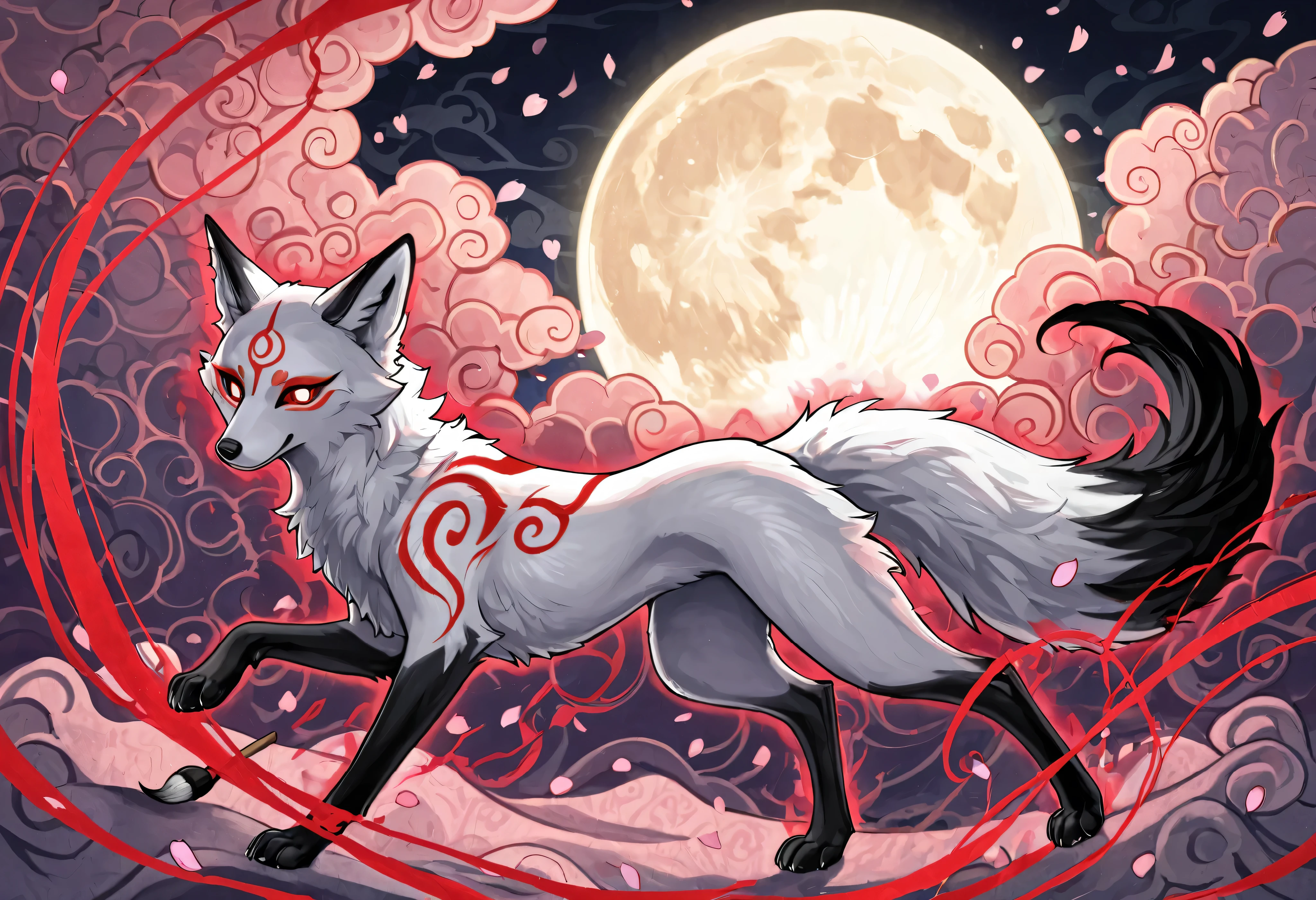 A traditional Japanese ukiyo-e style illustration of a white nine-tailed fox with intricate red markings on its forehead. The fox is surrounded by swirling sakura petals and stylized clouds, with a backdrop of a glowing full moon. The composition features bold brush strokes, elegant linework, and classic wave patterns, reminiscent of traditional woodblock prints. The fox's gaze is piercing and enigmatic, embodying a mythical aura.