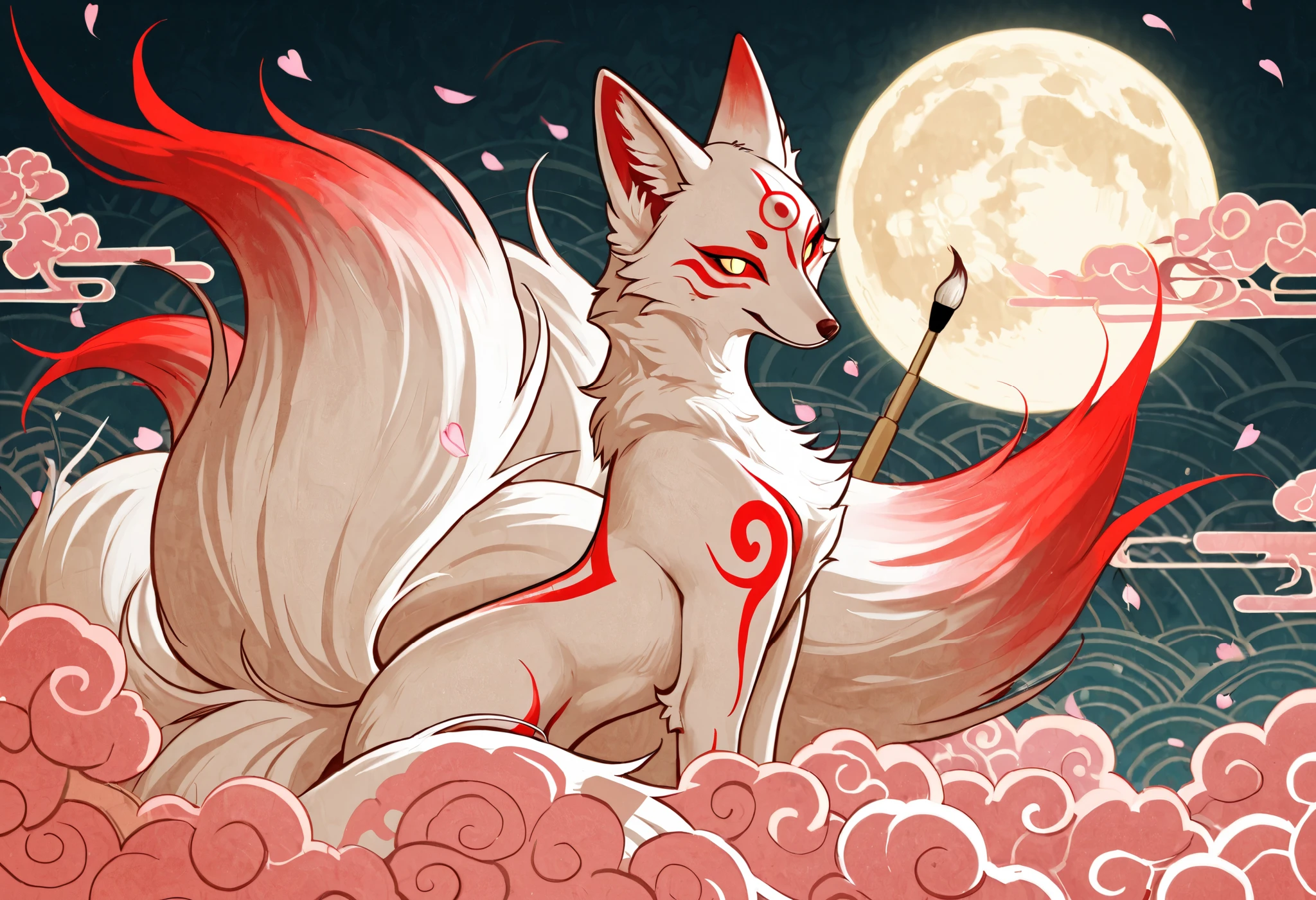 A traditional Japanese ukiyo-e style illustration of a white nine-tailed fox with intricate red markings on its forehead. The fox is surrounded by swirling sakura petals and stylized clouds, with a backdrop of a glowing full moon. The composition features bold brush strokes, elegant linework, and classic wave patterns, reminiscent of traditional woodblock prints. The fox's gaze is piercing and enigmatic, embodying a mythical aura.