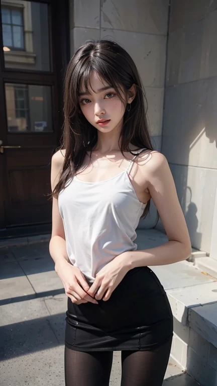 8K、Detailed Description、Very high definition、Realistic、reality的、Real、live-action、reality、High resolution、Nogizaka46、japanese idol,beautiful girl、Lift up the skirt、21 years old、White tight tank top、Knee-up-top angle of view、Mouth closed、Lacrosse court、sunny、Strong winds、Straight Long Hair、Headband、Very black hair、Pastel yellow flared mini skirt、Her skirt is flipped up、Hair blowing in the wind、pretty girl、Beauty、Large Breasts、Glowing Skin、Glowing Skin、Shiny Hair、Very white skin、Heavy makeup、Embarrassed、Shyly、Slit eyes、Big Eyes、Double eyelids、Don't show your teeth、clear、Low - Angle、Panty shot、Panties can be seen from below、showing panties