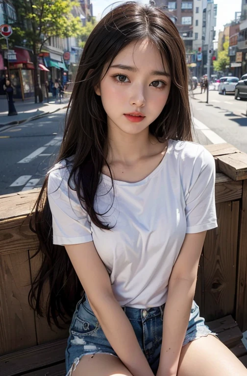 
2. **박수진 (Park Soo-jin):**
   - **Hair:** Black, straight, and short.
   - **Eyes:** Almond-shaped, dark brown.
   - **Visual Style:** Charismatic, with an intense expression suitable for rap.
