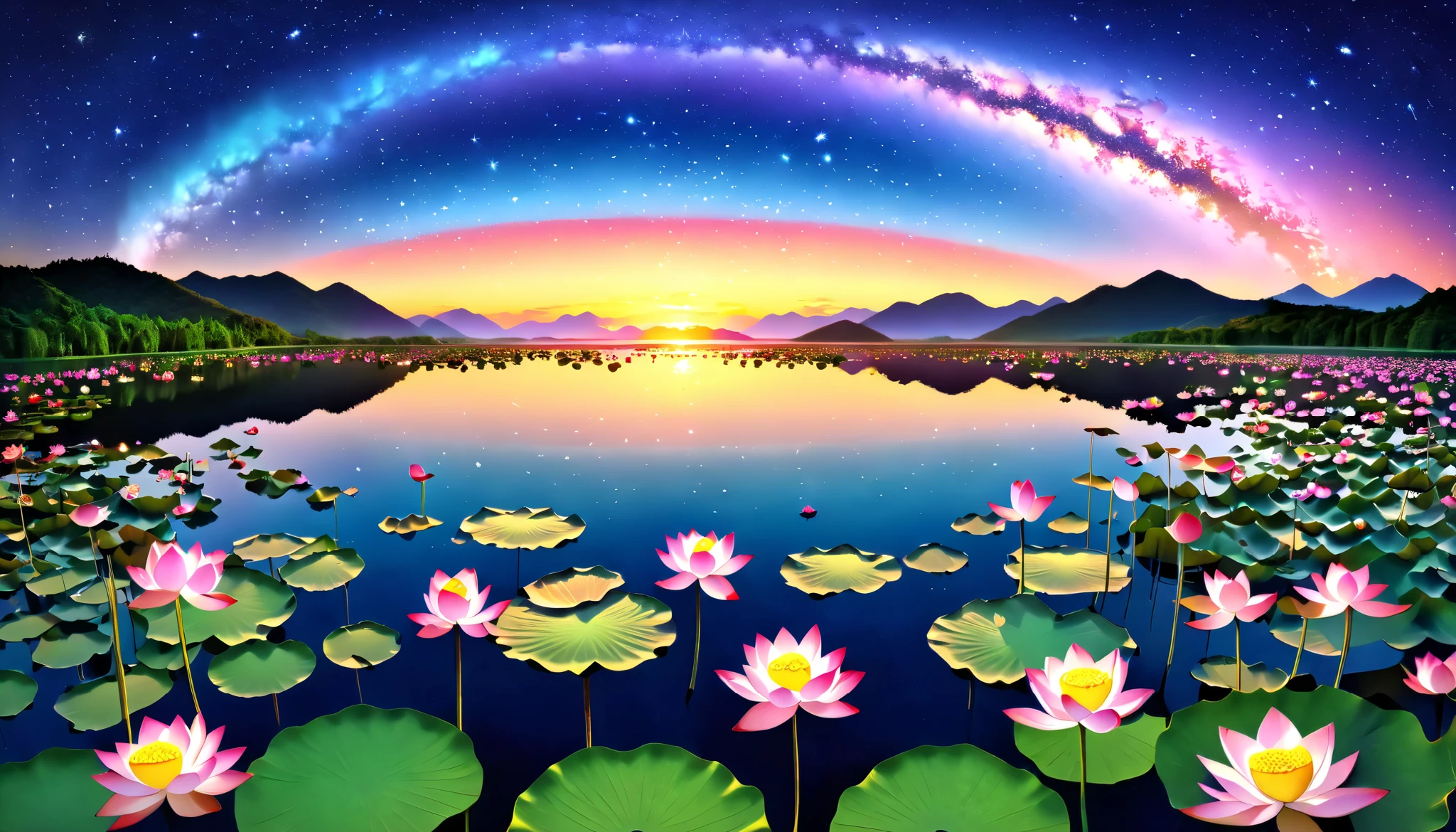 超 high image quality, high image quality, high quality , Spectacular Scenery , Magnificent Pure Land of Paradise ,((Heavenly world)),((( A large group of huge and very beautiful lotus flowers that fill the surface of the lake))),(((There are 100000 lotus flowers on the surface of the lake))),((Large groups of overlapping realistic lotus flowers)),((A gorgeous lotus flower that multiplies infinitely)), ((( Realistic Lotus Petals See-Through))),((( Beautiful Digital Painting ))),(((眩い程Shine夕日))),( Composition taken with a fisheye lens ),一部にstar空, Milky Way, star, star屑, Milky Way, 流star, Stargazing , horizon , silhouette ,Beautiful Mountain々, ((( A lake with so many lotus flowers blooming))),((( A large group of huge and very beautiful lotus flowers that fill the surface of the lake))),((( mystical atmosphere ))), Beautiful Sunset , green, purple , black, Darkness, Shine, Majestic Atmosphere, Depth, Superb view from above , silence, Awe, hope, Romance, timelapse, astrophotography,beautiful, landscape, Andreas Rocha, Beautiful Artistic Pictures , Real Scenery , The brilliance of the auroras ,湖面にstar空が映る,