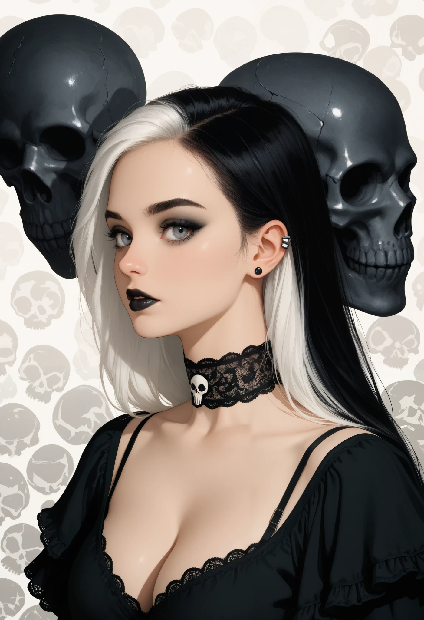 1girl, face, portrait, looking at viewer, retro, 1980s \(style\), masterpiece,best quality,amazing quality,very aesthetic,absurdres,newest,detailed eyes, two-tone hair,black hair, white hair, thick eyebrows, black eyeshadow, fading eyeshadow, grey eyes, black lips, parted lips, ear piercing, swept hair, long hair, lace-trimmed choker, black choker, bra strap, black tunic, frilled sleeves, cleavage, expressionless, impressionism, side view, upper body view, looking at viewer, white background, geometric patterns, skull background, shadows, sharp focus, detailed, goth fashion, stylish, model, modeling photography, cinematic shot, stunning lighting, intricate details, perfect composition. bimbo