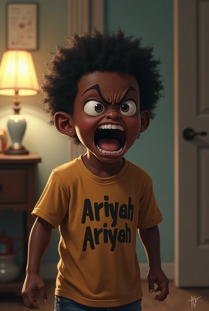 Real life adaption of this character, African boy kids face , chubby ,Pouting lips,big nose,realistic same hair, fat body,brown skin,realistic same outfit,same pose, realistic same background, realistic blue shoes,realistic light, realistic shadow, realism, hyper realistic, (photorealistic 1:2)