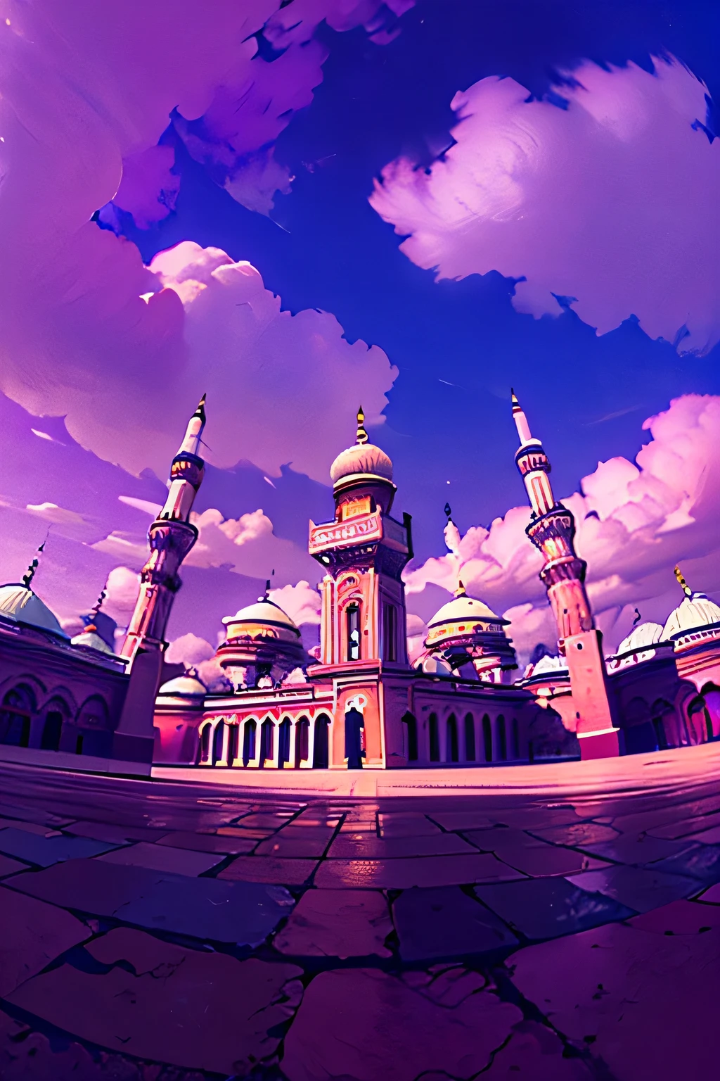 Purple Sky Clouds Background, Purple Clouds Background, Mosque in the center, cat eye perspective, low angle perspective, Stylize flat design, cartoon, wide sky, wide cloud, mosque composition in bottom, low angle revealing mosque, landscape, sky focus, with mosque, mosque focus, saturated purple, cloud, cloudy purple, very cloudy, cloud layer