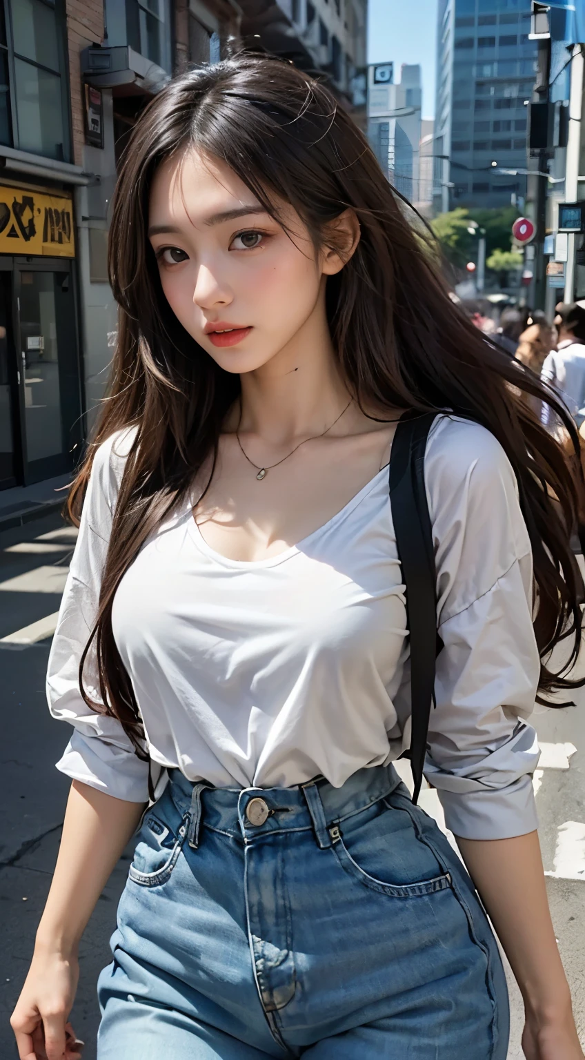 (RAW photogr:1.2), (Photorealistic:1.4), 1girll, 18 years old,adolable，a baby face，The most beautiful girl,Goose egg face，Oval face，Fleshy on the face，Good facial features，Sweet smiling，The smile and the eyes are charming and attractive，Beautiful Meticulous Girl, very detailed eyes and faces, Beautiful detailed eyes, ultra - detailed, A high resolution, The is very detailed，best qualtiy，tmasterpiece，illustratio，The is very detailed，CG，unified，8K wallpapers，finely detailled，tmasterpiece，best qualtiy， Wallpapers，light in face，Movie lighting，nipple tops：White short-sleeved embroidered lace T-shirt，Breathable and lightweight，Add feminine femininity。
Manteau：Light yellow wide-leg cropped blazer，Finished with front buttons，Show youthful vitality。
skirt suit：Dark blue denim A-line skirt，Moderate length，Finished with a pleated design，Showcases vintage charm。
shoe：White flat canvas shoes，Comfortable and versatile，Add a sense of leisure。
Accessories：Brown woven vintage tote，Wear it with a red bow headband，Overall fresh and vintage。，（No leakage），（with a well-proportioned body），（looking to the camera）,Black ponytail，hair flowing，Slightly fat 0.8，perfect body figure，Standing position，Medium view，The background is a beautiful view of random different scenes。