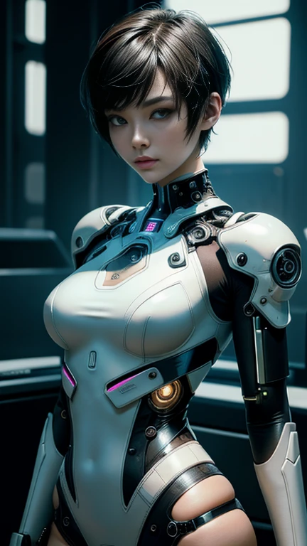 (top-quality), (tmasterpiece), (hentail realism), (detaileds), (Photorealsitic:1.5), Futuristic girl, Chinese big breasts,(plumw), (White bodysuit), 18yr old,Lights on armor, Cybernetic headdress, Belly exposure,boobs exposed,Looking at the camera, dynamicposes, scientific fiction, hdr, Ray traching, NVIDIA RTX, Hyper-Resolution, Unreal 5, Sub-surface scattering, PBR Texture, post-proces, Anisotropy Filtering, depth of fields, Maximum clarity and sharpness, the rule of thirds、8K raw data、(Luminous Particle:1.4)、(extremaly detailed cg、Unity 8k Wallpapers、。.3D、lighting like a movie、lense flares)、Reflectors、foco nítido、Cyberpunk art of a、Cyberpunk architecture、