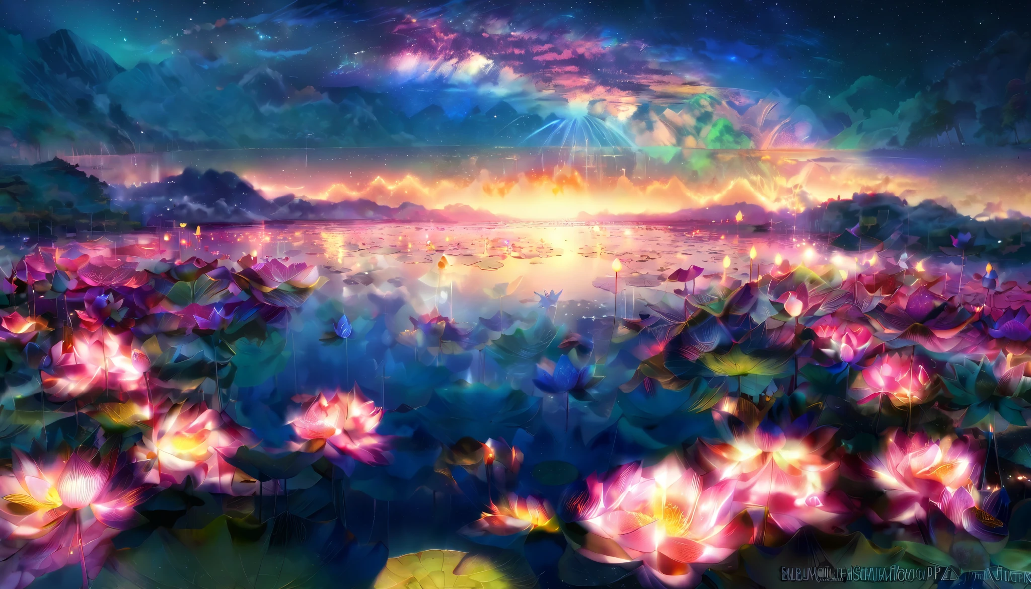 超 high image quality,  high image quality,  high quality , Spectacular Scenery , Magnificent Pure Land of Paradise ,((Heavenly world)),((( A large group of huge and very beautiful lotus flowers that fill the surface of the lake))),(((There are 100000 lotus flowers on the surface of the lake))),((Large groups of overlapping realistic lotus flowers)),((A gorgeous lotus flower that multiplies infinitely)), ((( Realistic Lotus Petals See-Through))),((( Beautiful Digital Painting ))),(((眩い程Shine夕日))),( Composition taken with a fisheye lens ),一部にstar空,   Milky Way, star, star屑,   Milky Way, 流star,  Stargazing , horizon  , silhouette ,Beautiful Mountain々, ((( A lake with so many lotus flowers blooming))),((( A large group of huge and very beautiful lotus flowers that fill the surface of the lake))),((( mystical atmosphere ))), Beautiful Sunset  , green,  purple  , black,   Darkness, Shine,   Majestic Atmosphere, Depth, Superb view from above , silence, Awe, hope, Romance,   timelapse,  astrophotography,beautiful,  landscape, Andreas Rocha,  Beautiful Artistic Pictures ,  Real Scenery , The brilliance of the auroras ,湖面にstar空が映る,