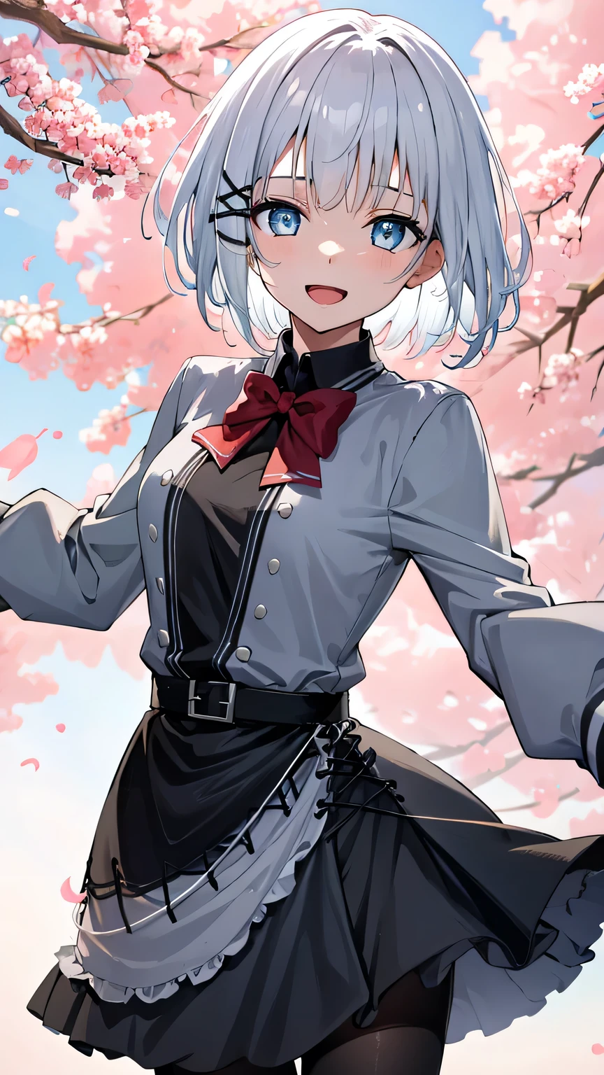 {{{masterpiece}}}, (best quality:1.5), (ultra-detailed:1.5), {illustration}, {{an extremely delicate and beautiful}}, (beautiful detailed eyes:1.6), absurdres, highres, extremely detailed face, 16k, hd, visual anime de uma jovem mulher, extremamente bonito rosto de anime, anime melhor garota, (perfect hands, perfect anatomy), anime face, Siesta (The Detective Is Already Dead), 1girl, solo, cute face, white hair, short hair, bangs, x hair ornament, sidelocks, blue eyes, (High resolution eyes, Beautiful eyes, Light in the eyes), medium breasts, big hips, curvaceous, BREAK, grey jacket, grey dress, long sleeve, grey sleeve, black shirt, red bowtie, black belt, black apron, grey skirt, black pantyhose, thighs, zettai ryouiki, BREAK, 1girl, solo, smile, open mouth, beautiful anime girl, beautiful art style, close up of breasts, Looking at Viewer, perfect body, outdoor, sky, daytime, public park, sun, (bust shot:1.3), from above, looking at viewer, dance, rotate, fluttering clothes, outstretched arms, Cherry tree, ruanyi0007