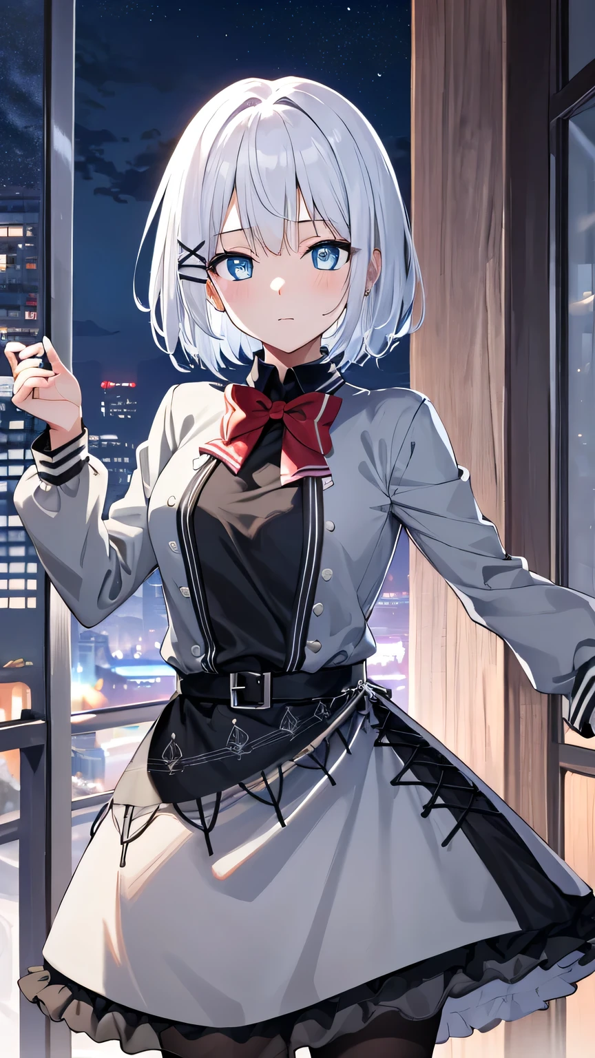 1girl, breasts, solo, smile, eyepatch, cleavage, shorts, short hair, hair ornament, looking at viewer, belt, large breasts, jacket, black shorts, black jacket, long sleeves, white hair, earrings, bangs, shirt, x hair ornament, blue eyes, short shorts, jewelry, cowboy shot, leather, grin, white shirt, detached collar, ribbon, neck ribbon, parted lips, blush, standing, brown belt, collared shirt, building, red ribbon, arms at sides, hairclip, outdoors, thighs, open clothes, navel, blunt bangs, wing collar, open jacket, city, partially unbuttoned, castle, day, leather jacket, teeth, dress shirt, grey hair, one eye covered, buckle, shiny, sky, grey eyes, midriff, ear piercing, belt buckle, leather belt, cityscape, piercing, buttons, collar, bob cut, medium breasts, midriff peek, cloud, tower, shiny clothes, sidelocks, shadow, medium hair, lips, unbuttoned, railing, hair intakes, open mouth, collarbone, blue sky, black belt, skyline, zipper, shiny hair, indoors, cropped jacket, bow, hair over one eye, shiny skin, window, cuffs, no bra, wrist cuffs, latex, skyscraper, arm at side, chain, center opening, skirt, open shirt, thighhighs, cloudy sky, :d, nail polish, hair behind ear, white collar, micro shorts, mole, blazer, partially unzipped, blurry, architecture, blurry background, town, clock tower, black thighhighs, virtual youtuber, hairpin, arch, sunlight, fingernails, zipper pull tab, corset, balcony, sleeve cuffs, stud earrings, red bow, leather pants, pink lips, bowtie, necktie