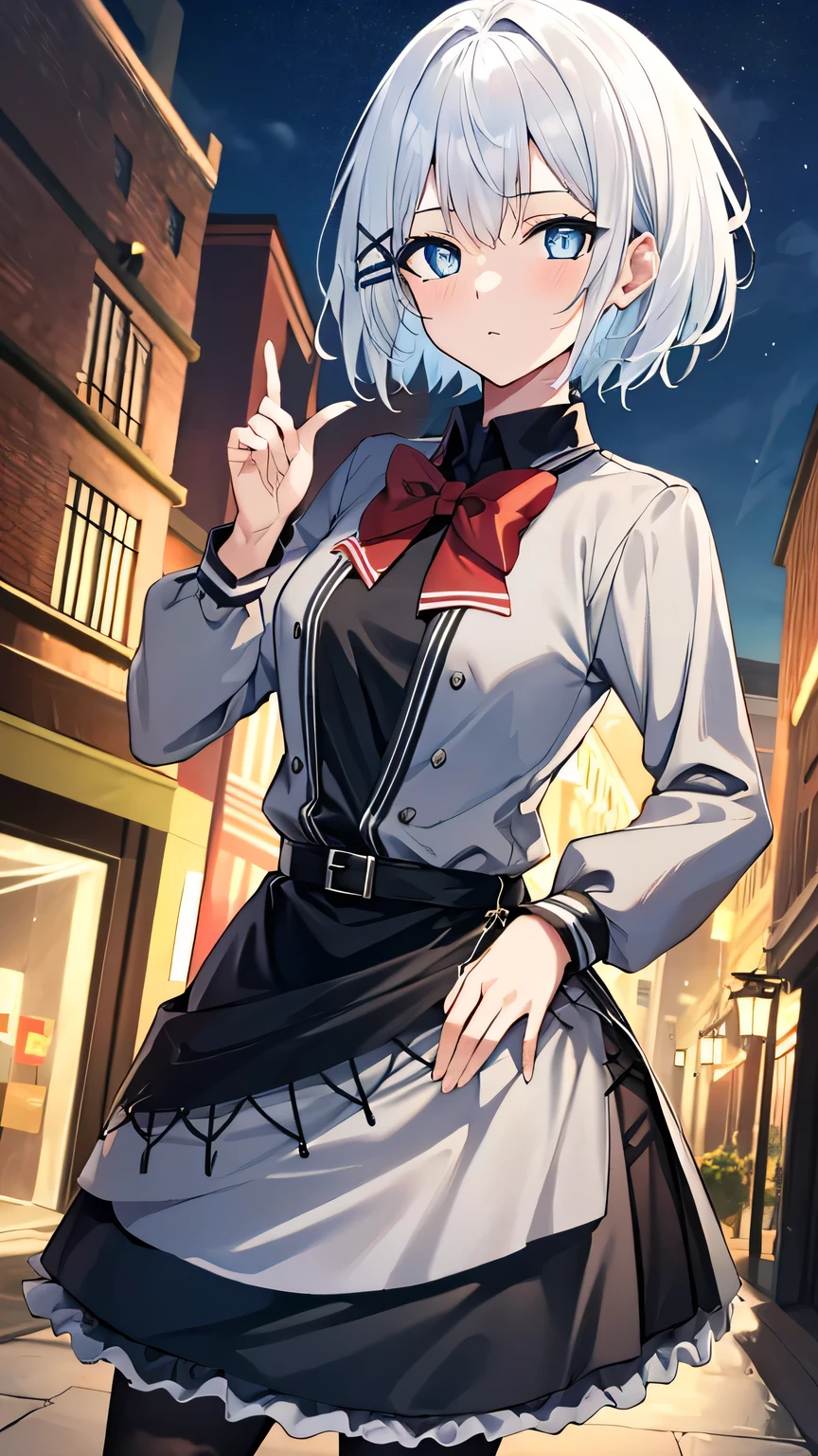 {{{masterpiece}}}, (best quality:1.5), (ultra-detailed:1.5), {illustration}, {{an extremely delicate and beautiful}}, (beautiful detailed eyes:1.6), absurdres, highres, extremely detailed face, 16k, hd, visual anime de uma jovem mulher, extremamente bonito rosto de anime, anime melhor garota, (perfect hands, perfect anatomy), anime face, Siesta (The Detective Is Already Dead), 1girl, solo, cute face, white hair, short hair, bangs, x hair ornament, sidelocks, blue eyes, (High resolution eyes, Beautiful eyes, Light in the eyes), medium breasts, big hips, curvaceous, BREAK, grey jacket, grey dress, long sleeve, grey sleeve, black shirt, red bowtie, black belt, black apron, grey skirt, black pantyhose, thighs, zettai ryouiki, BREAK, tsurime, legs apart, fighting stance, duel, clash, slashing, flushed cheeks, looking at viewer, outdoor, city, building, sky, night, night view, cityscape, cowboy shot, fight scene
