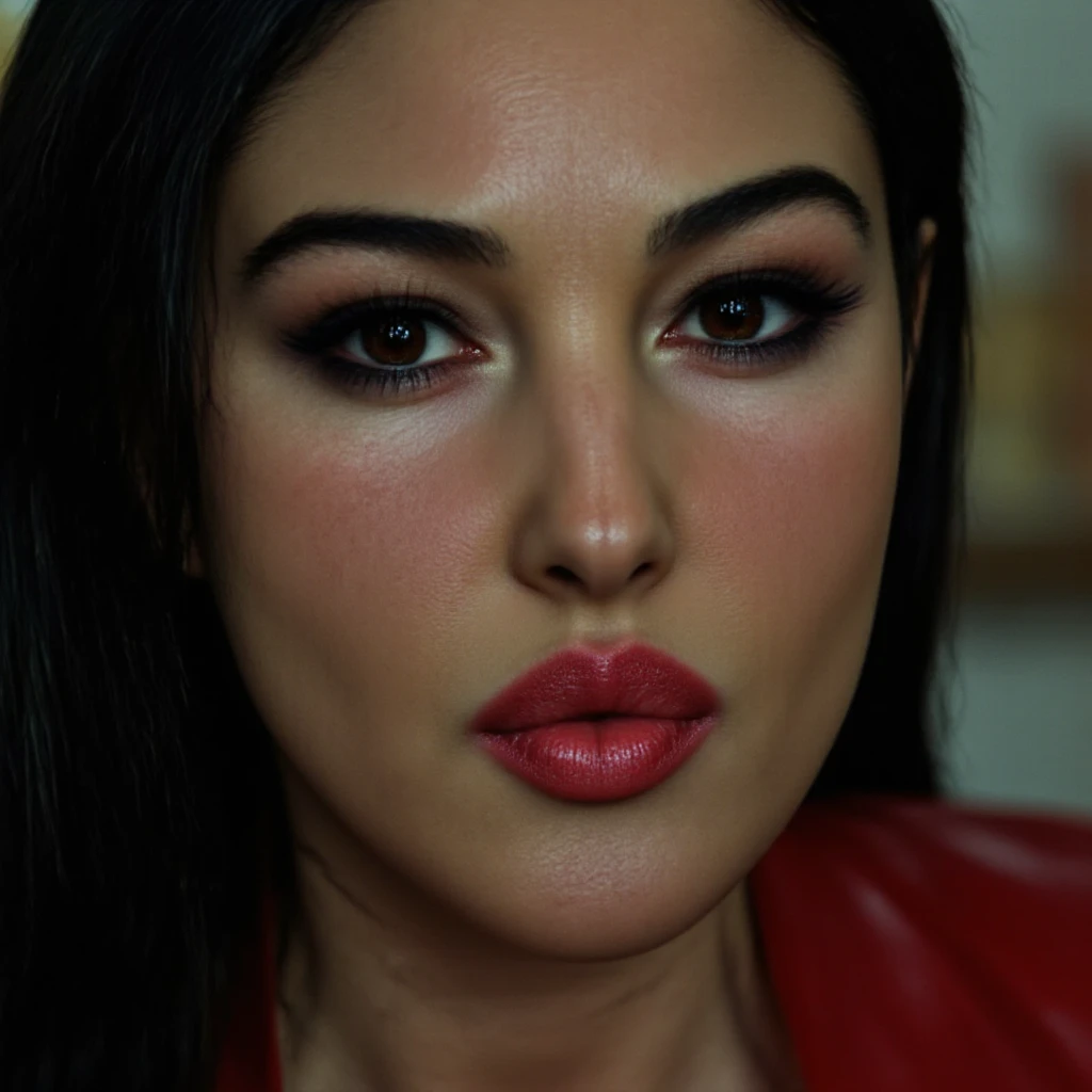 Lucy Pinder, facial portrait, Red Lipstick, Smiling, Black hair, Straight long hair, long Sleeve T-Shirt, tshirts, large white pearl earrings, masutepiece, award - winning photo, Extremely detailed, edgOrgasm, Woman with open mouth, Skin shiny with sweat、Face Focus、Illumination that emphasizes shiny sweat{{{Spread }}}, A dark-haired、NSFW、Stick out the tongue, opened mouth, Tongue out