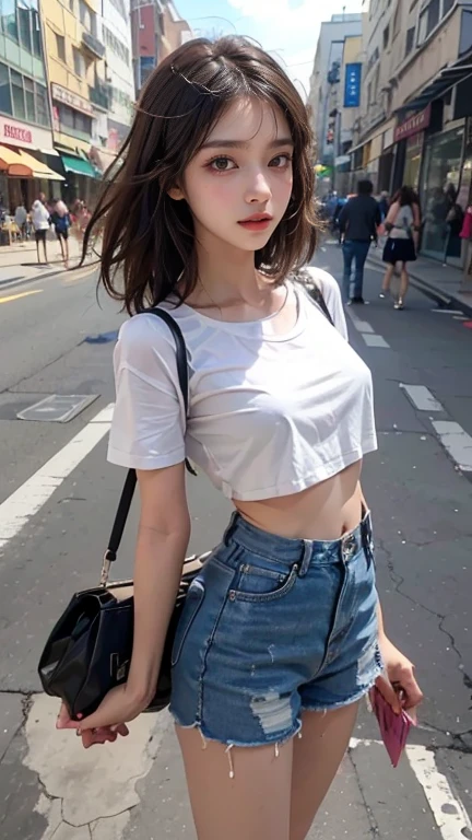 1 female,perfect 20 year old,Gal,smile:1.3,(Brown eyes),((Ideal body proportions:1.3,Small Head:1.7)),Sunburn,(((High quality anime, 8k,masterpiece,Perfect Anatomy))),Cowboy Shot,(Beautiful and exquisite face and eyes,gorgeous eyes:1.3),  break  ,Brown eyes,  break  ,Blonde:1.3,,Short Bob Hair,bangs,  break  ,smile,blush,Small breasts,Slender body,Toned body,skinny,,Oversized white T-shirt,Long sleeve、denim micro shorts,　break   ,Are standing,on the road,Shibuya Station、Tokyo、((Background blur)),