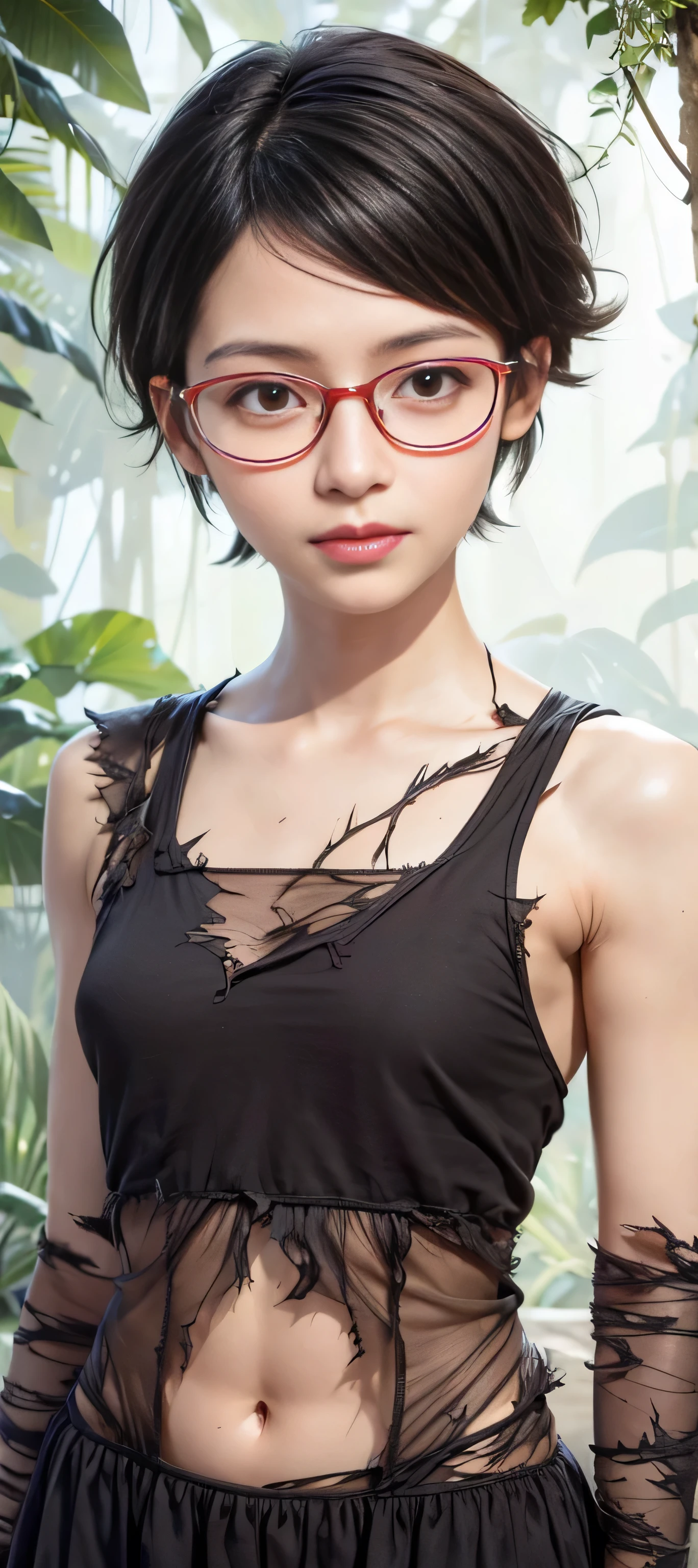 masterpiece, best quality, (realistic,photo-realistic:1.4), (RAW photo:1.2), extremely detailed CG unity 8k wallpaper, delicate and beautiful, amazing,finely detail, official art, absurdres, incredibly absurdres, huge filesize, ultra-detailed,extremely detailed eyes and face,light on face,(smirk),(wearing red framed glasses:1.4),sarada,(black hair:1.4),(short hair:1.4),(wearing torn dress:1.3),(deep jungle:1.4),navel,(muscular body:1.5)