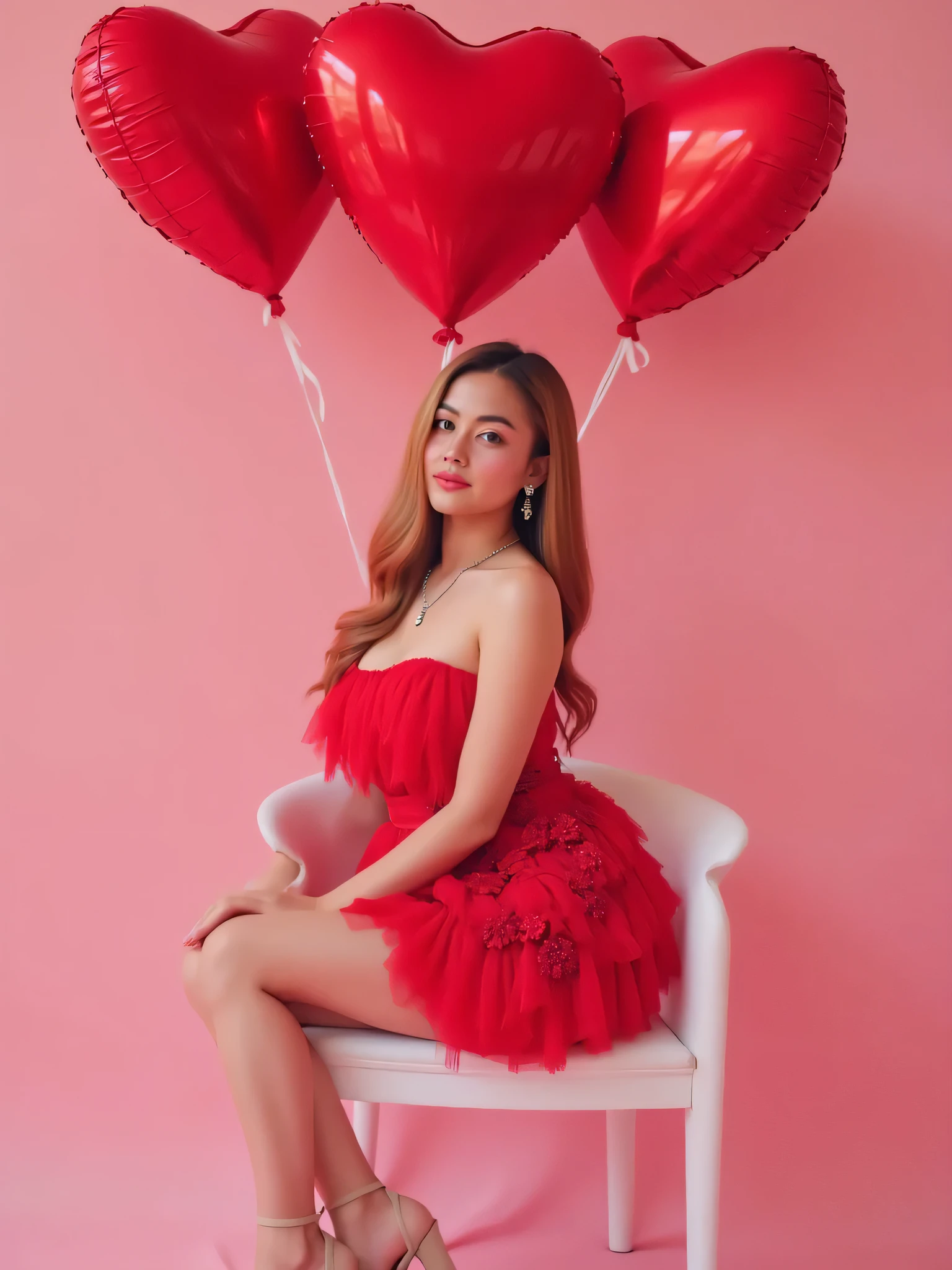 A stunning young woman with long, wavy blonde hair sits elegantly on a white modern chair against a soft pink background. She wears a glamorous red strapless dress adorned with intricate floral appliqués on the side, creating a voluminous and artistic effect. Her slender legs are gracefully crossed, and she wears nude high heels. Her delicate features include flawless, fair skin, soft pink lips, and expressive brown eyes. She wears a subtle yet elegant silver necklace and matching earrings, enhancing her sophisticated appearance.
Behind her, three large, glossy red heart-shaped balloons float in the air, reflecting the surrounding light and adding a romantic, dreamy atmosphere to the composition. The overall setting is soft and feminine, with a pastel pink backdrop that perfectly complements the vibrant red of her dress and balloons. Her poised expression conveys elegance and charm, making the image exude luxury and sophistication. The lighting is soft and diffused, enhancing the ethereal quality of the portrait.