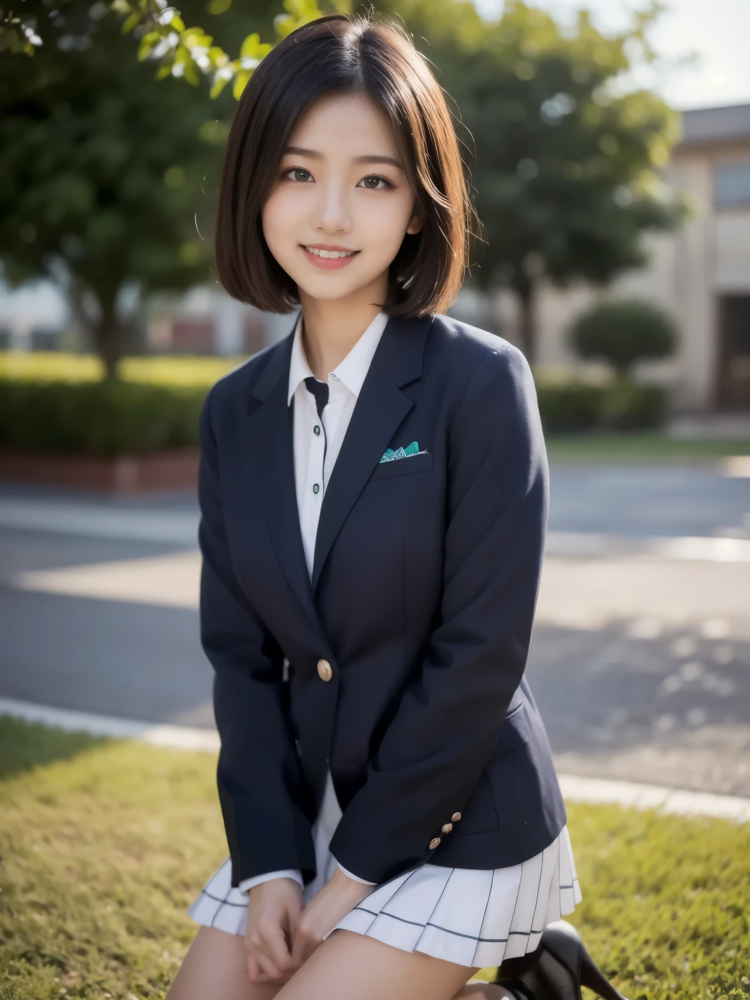 ( Highest Quality、8K quality、Impressive:1.3)、( Ultra A High Resolution、 photorealistic:1.4、 live shooting )、( super high heels、 caustics、 detailed background )、( Ultra Realistic Capture 、 Beautiful Detailed Skin 、 perfect anatomical )、 at dusk 、 at dusk 、 sunset sky、School building、School grounds、18 years old、 cute、 single eyelids 、 black hair short bob 、School blazer uniform、 look at the camera、smile、 bust up shot 、natural soft light