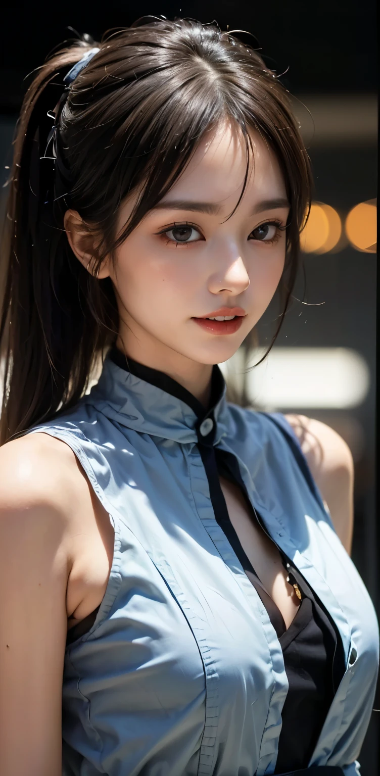 Masterpiece, 1 Beautiful Girl, Detailed, Swollen Eyes, Top Quality, Ultra High Resolution, (Reality: 1.4), Original Photo, 1Girl, Cinematic Lighting, Smiling, Japanese, Asian Beauty, Korean, Clean, Super Beautiful, Little Young Face, Beautiful Skin, Slender, Cyberpunk Background, (ultra realistic), (high resolution), (8K), (very detailed), (best illustration), (beautifully detailed eyes), (super detailed), (wallpaper), (detailed face), viewer looking, fine detail, detailed face, pureerosfaceace_v1, smiling, 46 point slanted bangs, looking straight ahead, neat clothes, dark colored eyes, clothes sleeveless, body facing front,