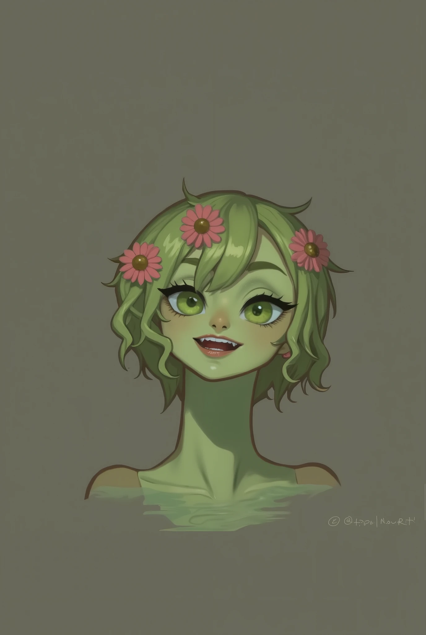 a cartoon character with green skin ,greeneyes ,green hair short pixar model , disgusting movie funny mind 2