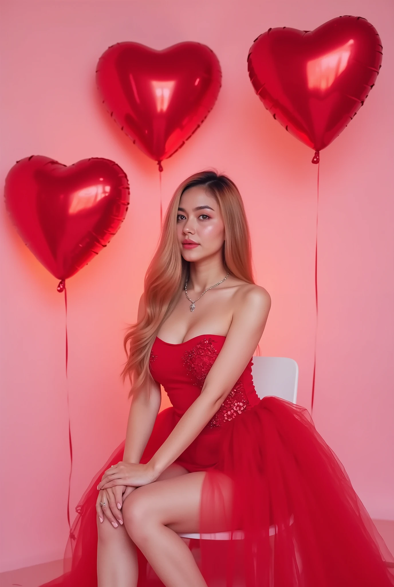 A stunning young woman with long, wavy blonde hair sits elegantly on a white modern chair against a soft pink background. She wears a glamorous red strapless dress adorned with intricate floral appliqués on the side, creating a voluminous and artistic effect. Her slender legs are gracefully crossed, and she wears nude high heels. Her delicate features include flawless, fair skin, soft pink lips, and expressive brown eyes. She wears a subtle yet elegant silver necklace and matching earrings, enhancing her sophisticated appearance. 

Behind her, three large, glossy red heart-shaped balloons float in the air, reflecting the surrounding light and adding a romantic, dreamy atmosphere to the composition. The overall setting is soft and feminine, with a pastel pink backdrop that perfectly complements the vibrant red of her dress and balloons. Her poised expression conveys elegance and charm, making the image exude luxury and sophistication. The lighting is soft and diffused, enhancing the ethereal quality of the portrait.