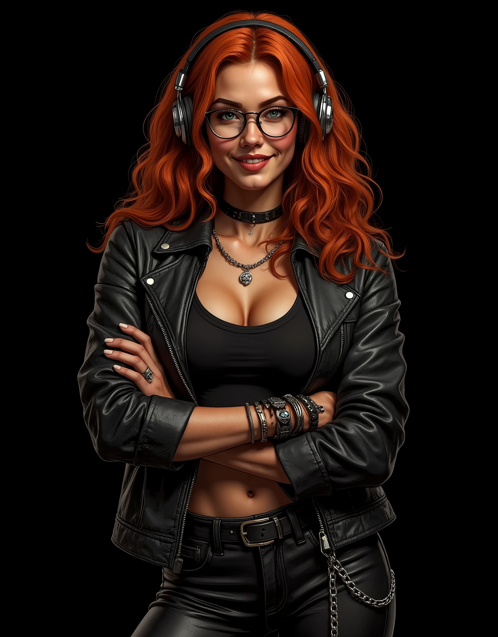 ((artwork, highest quality, Highest image quality, high resolution, photorealistic, CRU photo, 8k)),(best quality, 4k, high resolution, masterpiece: 1.2), ultra detailed, (realistic, photorealistic: 1.37), ray tracing, image of a girl, very pretty, pure black background ideal for wallpaper, extra detailed body, extraordinarily sensual, very expressive, seductive face. She is wearing metal framed reading glasses, she is listening to music with headphones on her head, her arms are crossed on her chest. She is wearing a heavy metal leather jacket with the sleeves rolled up, under the jacket a black t-shirt with a metal music band logo, large chest, tight black leather pants with chains, black sneakers, many bracelets on both arms, silver skull ring on her hand, very detailed skin, The woman is beautiful and radiant, strong, powerful, sun-kissed brown skin, blush on her cheeks, she is freckled, very long, curly and disheveled orange-red hair that falls to her chest, very detailed, layered hair with bangs. Very expressive dark green eyes, long eyelashes, thick, moist and pink lips. She smiles warmly and sensually at the camera. He is standing in front of the camera leaning his shoulder. Pure black background ideal for wallpaper, cold lights, cinematic lighting, dark colors, photorealistic, 8k, ultra detailed, masterpiece, comic cover, illustration, HDR-10, Ultra High Definition, studio lighting, ultra fine painting, sharp focus, physical representation, extremely detailed description, professional, vivid colors, concept art.