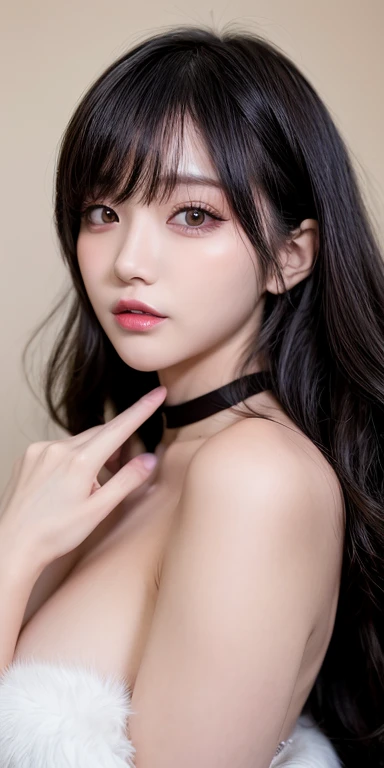 Canon RF 85mmf/1.2,masutepiece,Best Quality,超A high resolution,tu,1 girl,(Korean mixed,Kpop Idol:1.2),Solo,white_shiny_skin,Black eyes,Necklace,brown_long_Wavy_hair,Red lipstick dark_shiny_Lips,Eyelashes,Bangs,deal,make - up,shiny,Pore,skin texture,Bracelet,off shoulders,See-through,Big breasts