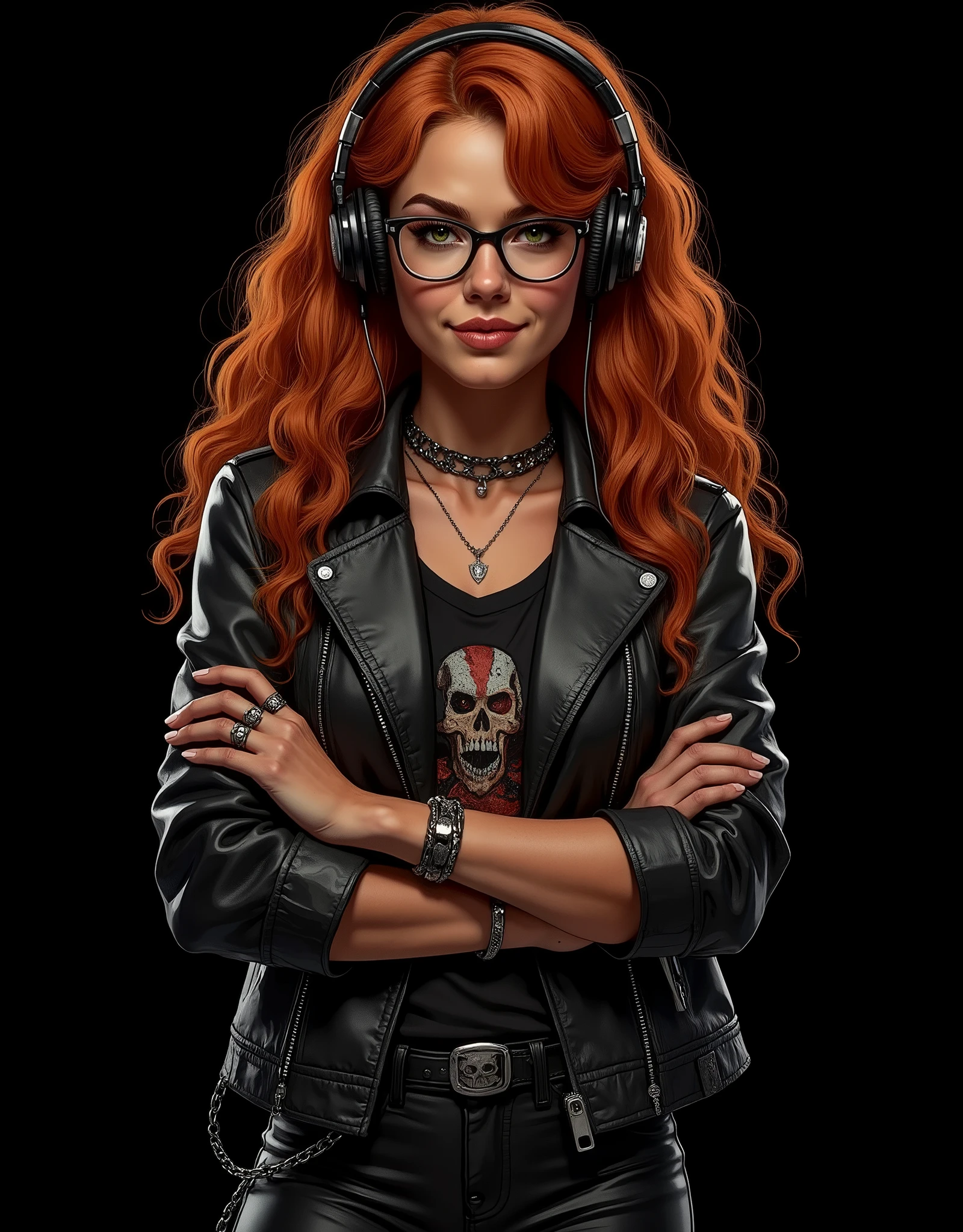 ((artwork, highest quality, Highest image quality, high resolution, photorealistic, CRU photo, 8k)),(best quality, 4k, high resolution, masterpiece: 1.2), ultra detailed, (realistic, photorealistic: 1.37), ray tracing, image of a girl, very pretty, pure black background ideal for wallpaper, extra detailed body, extraordinarily sensual, very expressive, seductive face. She is wearing metal framed reading glasses, she is listening to music with headphones on her head, her arms are crossed on her chest. She is wearing a heavy metal leather jacket with the sleeves rolled up, under the jacket a black t-shirt with a metal music band logo, large chest, tight black leather pants with chains, black sneakers, many bracelets on both arms, silver skull ring on her hand, very detailed skin, The woman is beautiful and radiant, strong, powerful, sun-kissed brown skin, blush on her cheeks, she is freckled, very long, curly and disheveled orange-red hair that falls to her chest, very detailed, layered hair with bangs. Very expressive dark green eyes, long eyelashes, thick, moist and pink lips. She smiles warmly and sensually at the camera. He is standing in front of the camera leaning his shoulder. Pure black background ideal for wallpaper, cold lights, cinematic lighting, dark colors, photorealistic, 8k, ultra detailed, masterpiece, comic cover, illustration, HDR-10, Ultra High Definition, studio lighting, ultra fine painting, sharp focus, physical representation, extremely detailed description, professional, vivid colors, concept art.