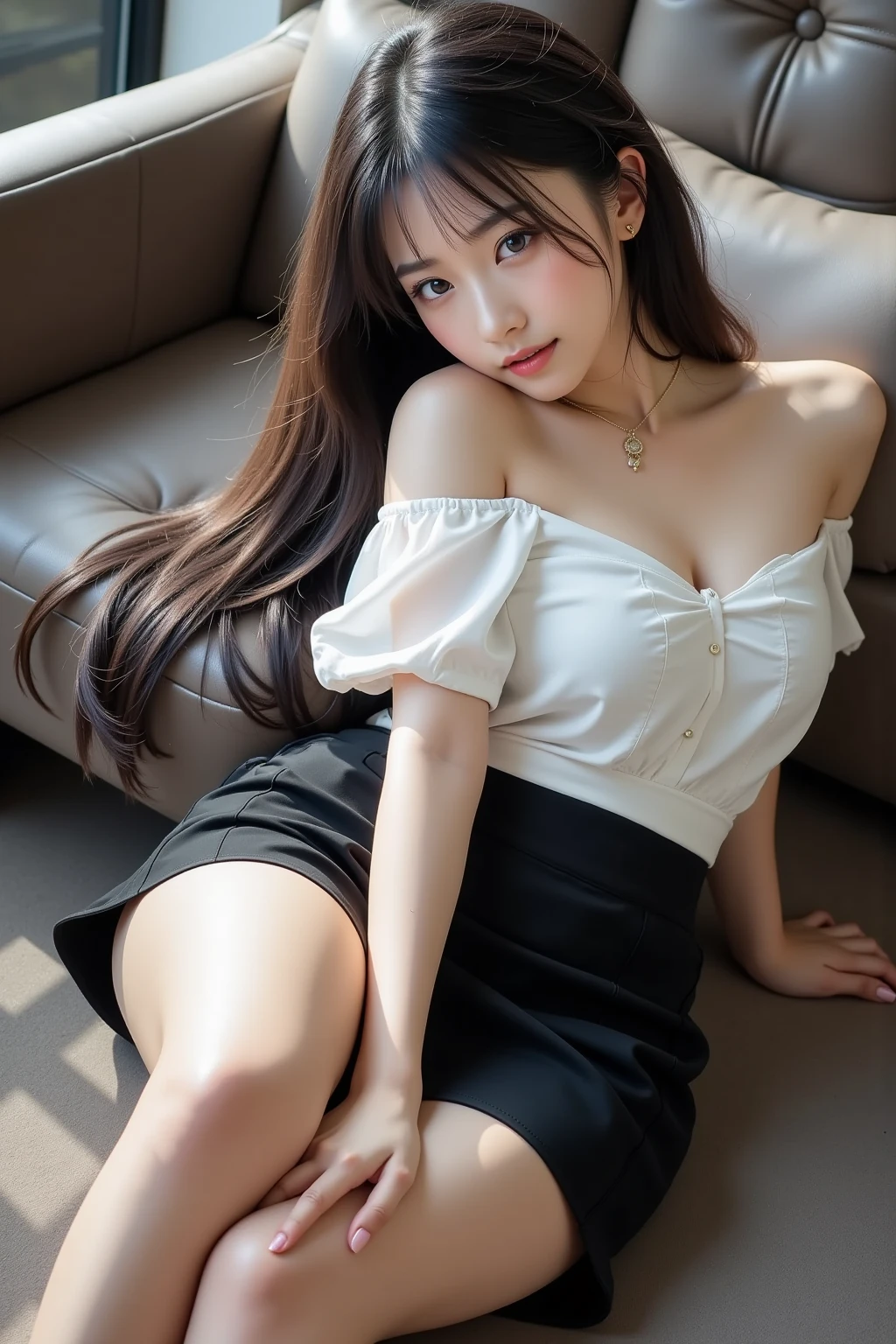 Asian Beauty,((Visible cleavage)), The warm sunset rays fell on her,((Side sitting,Legs bent at one side)), ((Sit in a relaxed posture)), ((Shapely legs, Real legs, Smooth legs)), Correct Legs, Nice slender legs, slim body,Very thin,One hand behind the back,The body leans back slightly,Head slightly tilted to one side,Show a charming smile。The skirt flutters gently in the wind,Adds a touch of fantasy。Her face is delicate,Under the long eyelashes are a pair of bright big eyes,The corners of the mouth slightly raised,Appear gentle and confident。Her long hair was casually draped over her shoulders.,A few strands of hair fluttering gently in the breeze。The diagonal composition makes the picture more vivid,The foot is in the lower left corner of the screen,The body and gaze extend to the upper right corner,Creates an elegant diagonal visual effect。