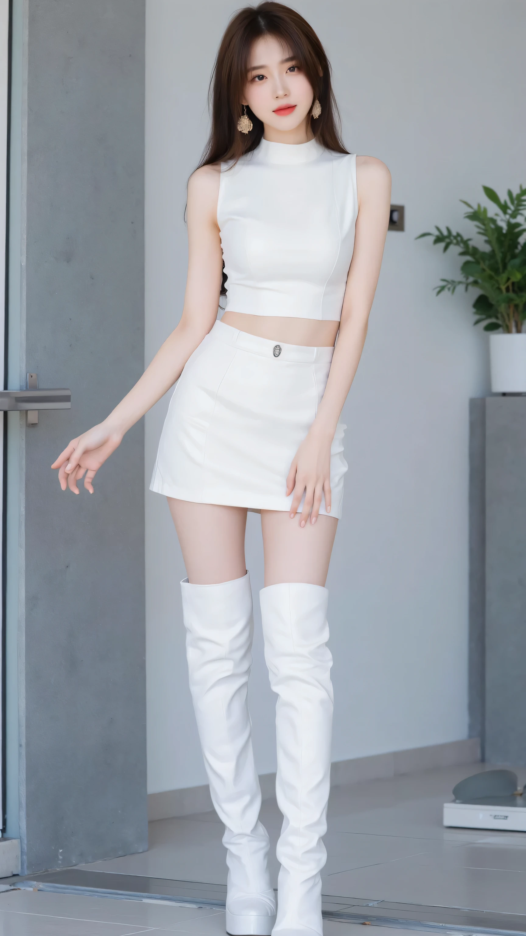 Oriental Beauty , is 175 cm tall , white skin, long legs, white super high-heeled boots、white blue car model tight leather dress ,Hip,Broad shoulders, beautiful line to maintain , Wear Large Earrings ,