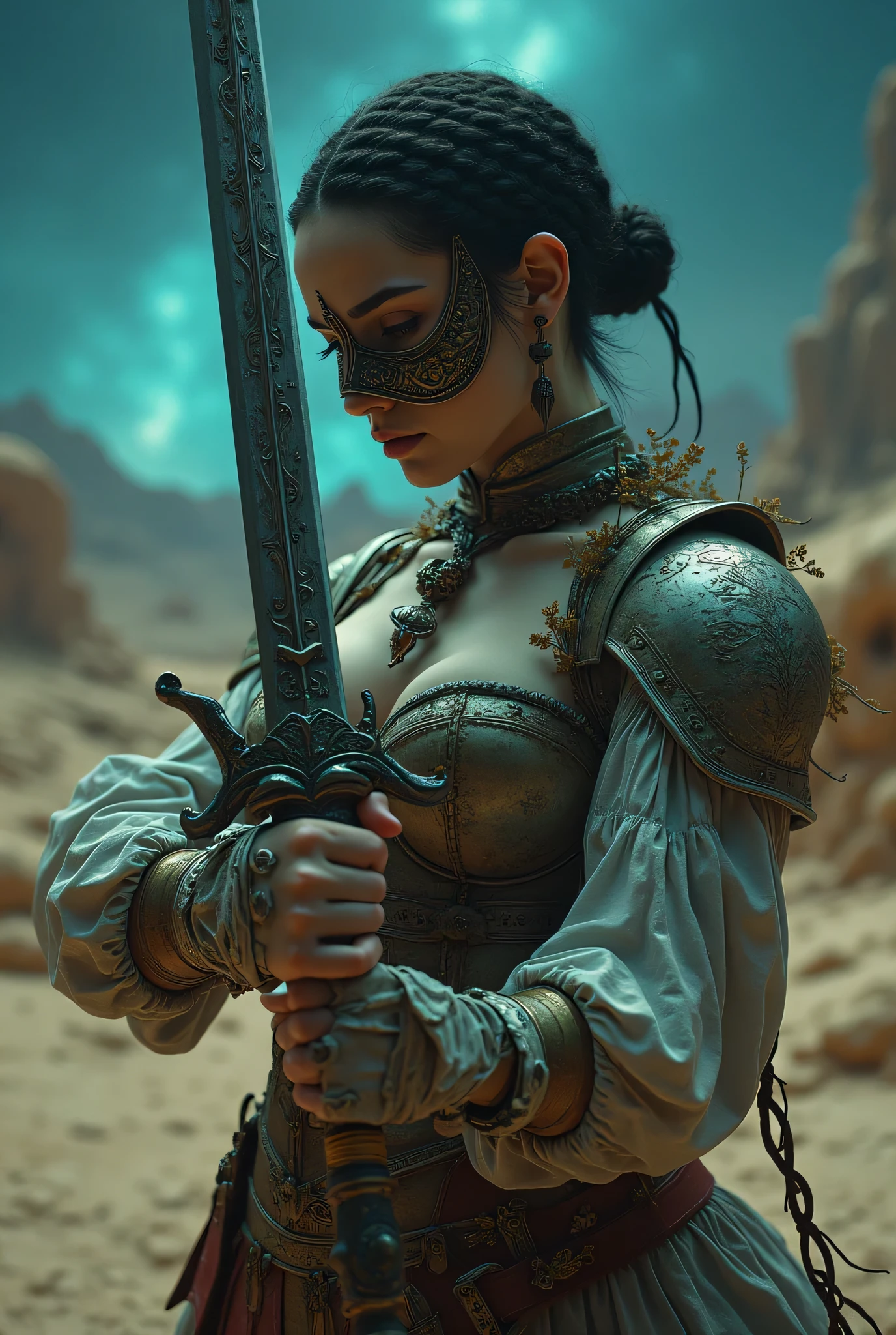 (8k, Top Quality Conversation , masterpiece), ( exists , photo exists : 1.37), very detailed, one girl to rainbow , { Sylvain's Sword Pattern Watch }, Wide angle , Big breasts shaking at night outside the University of Tokyo , Very delicate depiction , Armor made with miniature paint , short braided hair , correct skeleton, Vine 、 short braided hair , Braid Chain , Long and thick sword 、 dreamy ,Super existent mixed fantasy world , combines exists elements and fantastic elements ( 渦巻く砂漠の砂 :1)、 Prepare to fight with a sword 、 complicated , Wearing an Elaborate Iron Mask 、 facing the camera