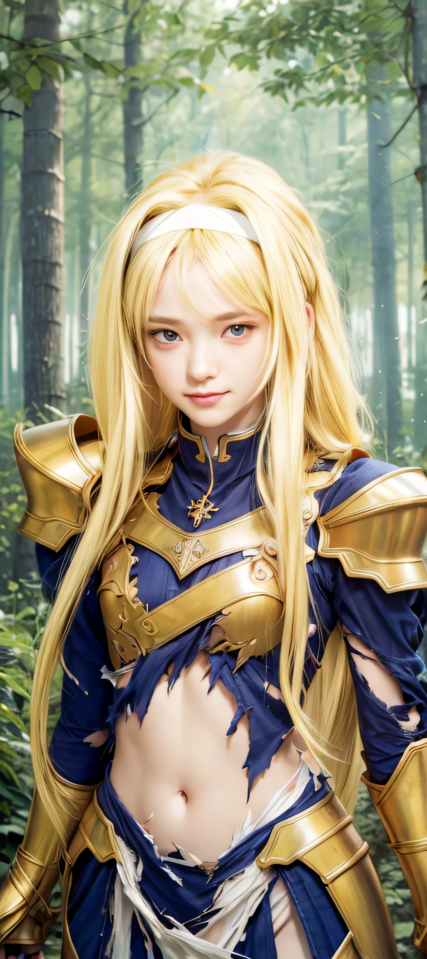 masterpiece, best quality, (realistic,photo-realistic:1.4), (RAW photo:1.2), extremely detailed CG unity 8k wallpaper, delicate and beautiful, amazing,finely detail, official art, absurdres, incredibly absurdres, huge filesize, ultra-detailed,extremely detailed eyes and face,light on face,alice zuberg,(little smile),(blonde hair:1.4),(long hair:1.4),(wearing torn clothes:1.5),garden background,(white hairband:1.2),navel,(forest:1.3),(broken armor:1.4)