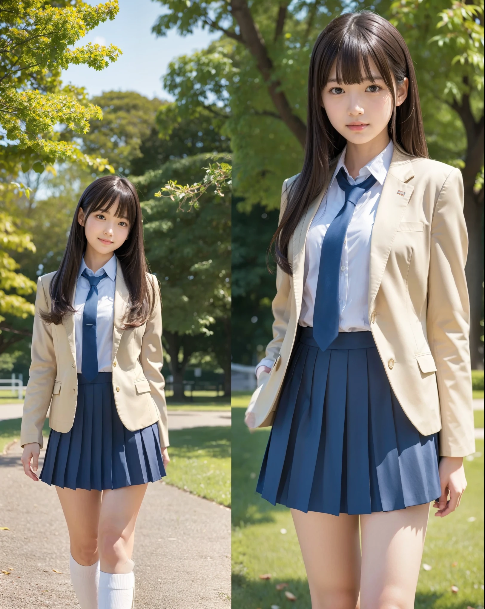 A highly detailed and anatomically accurate illustration of a Japanese high school girl, around 18 years old, standing in a park. She has semi-long straight hair with bangs and is wearing a traditional high school uniform, including a blazer, pleated skirt, and knee-high socks. Her posture is natural and relaxed, and her expression is warm and gentle. The park setting features lush greenery, soft natural lighting, and a peaceful atmosphere. The artwork is rendered in high resolution, with lifelike details and cinematic quality.
Hi-Res, Masterpiece, accurate, anatomically correct, has won many awards, top quality, DETAILS , , very detailed, textured skin, super high heels,
