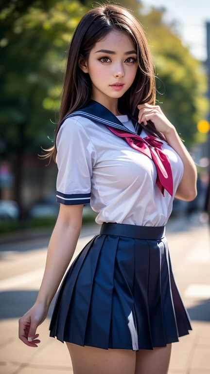 Highest quality、High resolution、Detailed Background、Real、(Beautiful face in every detail:1.4)、Highly detailed face、(Detailed eyes:1.3)、Teenage Beauty、Anatomically correct、Normal number of fingers、(Huge breasts:1.2)、Attractive thighs、Perfect body line、Black Hair、Navy blue sailor suit、White sailor collar、Checkered Pleated Skirt、White Stockings、Short sleeves、Show your side、Cute gestures、look at me with cold eyes、Panty shot、Running、(Underbust:1.3)
