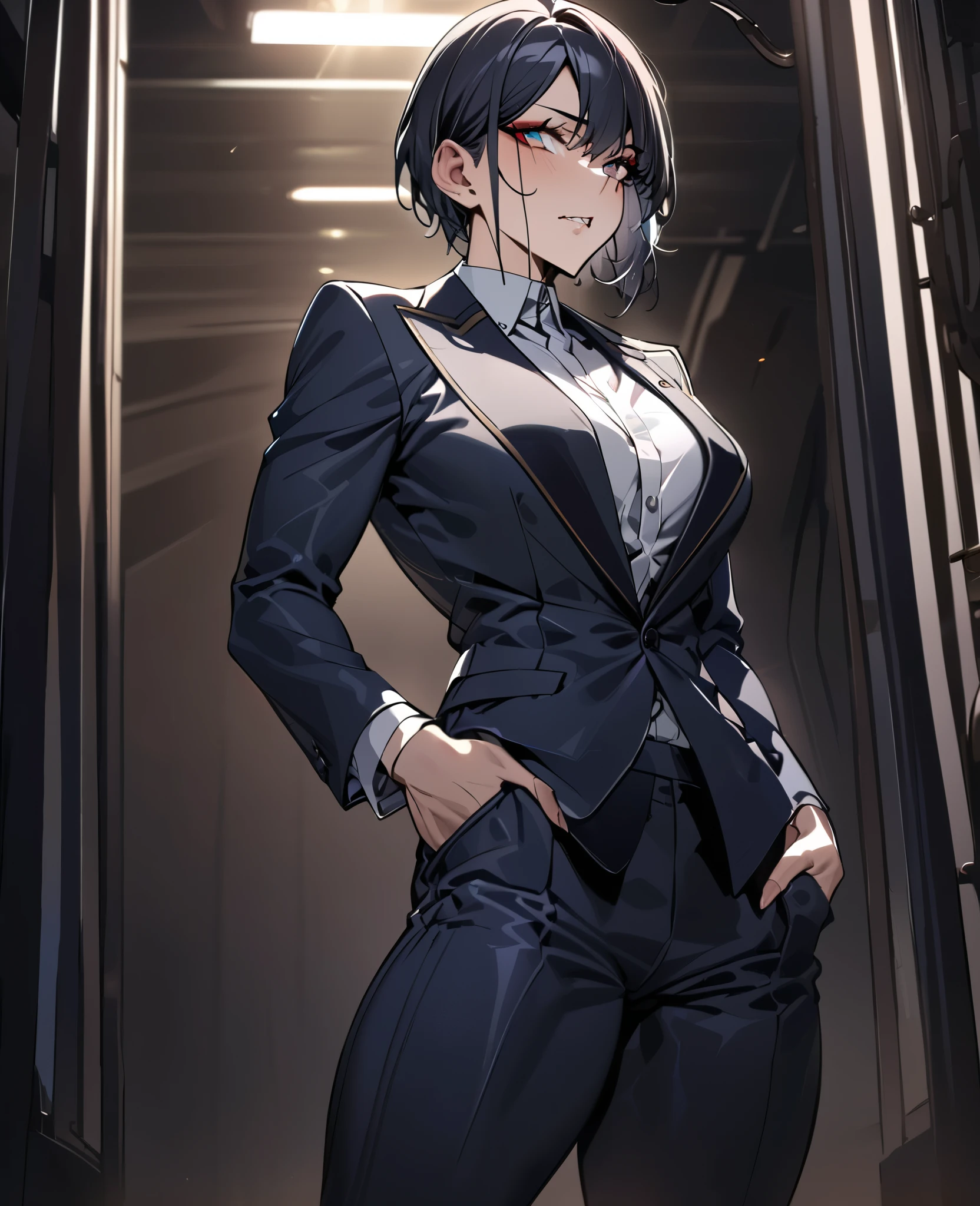 (masterpiece, best quality, ultra-detailed:1.2), androgynous woman, short hair, sharp jawline, toned physique, wearing a stylish suit, confident expression, (detailed eyes:1.1), (subtle makeup:1.1), studio lighting, high resolution