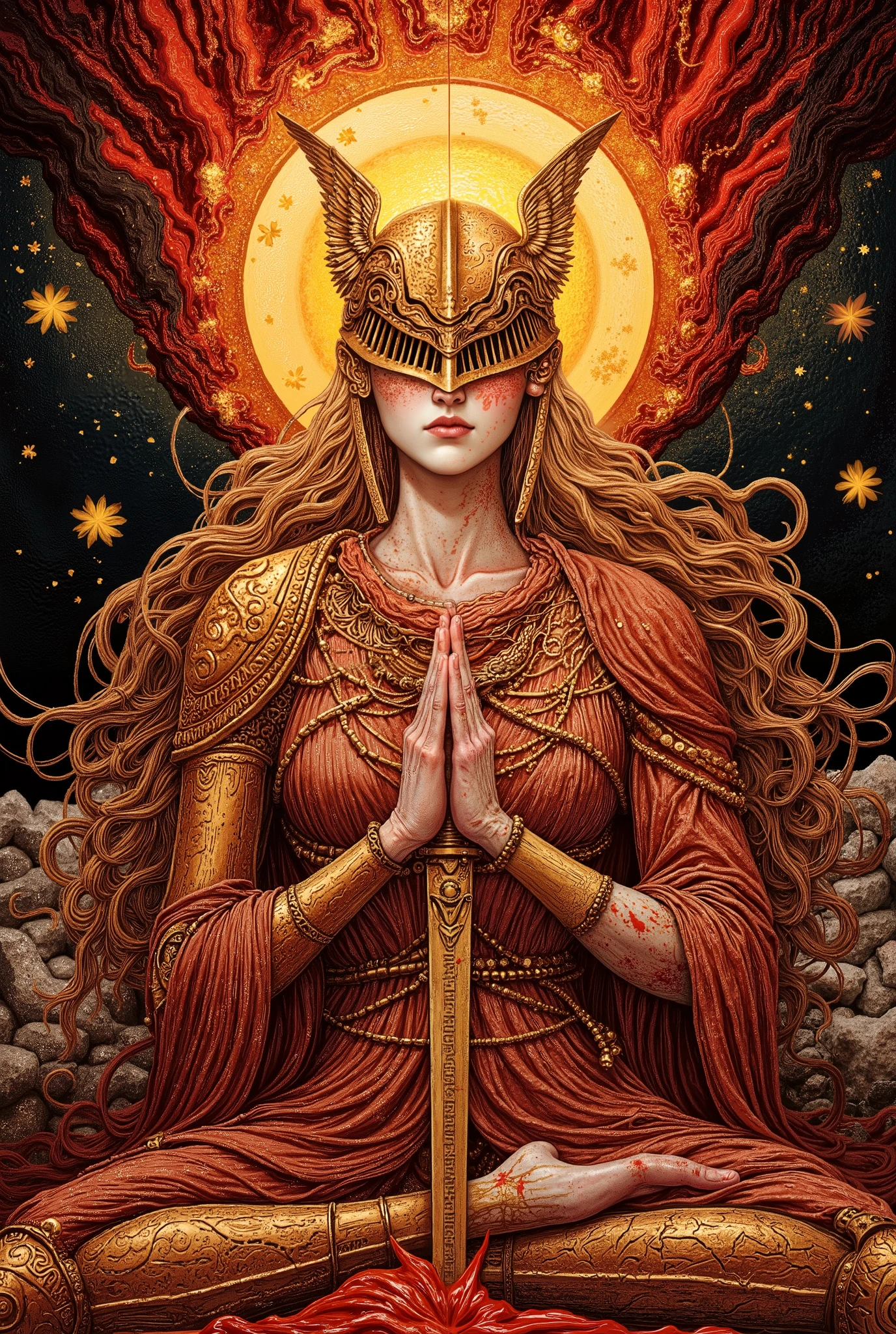 MaleniaNorm,1 girl,((beautiful goddess,motherly)),((zazen,buddha pose,sitting,praying hands:1.5)),body horror,third eye,biomachine,(bloody),shining sun, living being,holding rune-etched katana, (vivid color),(colorful),(tangled:1.2),(wearing robe:1.2), H.R Giger style,Gustav Klimt Style,
Granulated,blood vessels,red liquid,red,gold,ritual,Abundance,
16k,detailed image, by gustavklimt,creature,biomechanical style
