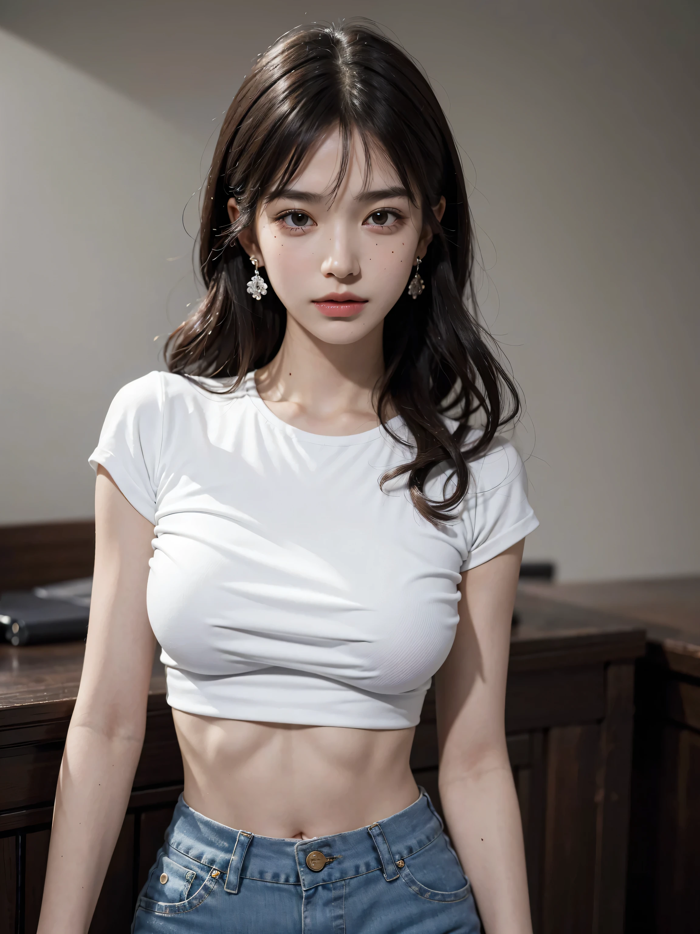 absurdres, RAW photo, extremely delicate and beautiful, masterpiece, Best Quality, ultra high resolution, 32k, hyperrealistic, ultra-detailed, perfect anatomy, anatomically correct, perfect figure, super Detailed skin, 20 years old, very Slim body, narrow waist, very small head, very small face, delicate facial features, detailed face, detailed eyes, tearful mole, earring, thin legs, bare legs, ((very huge round breasts)), short medium hair, ((wavy hair)), wet clothes, bra, white shirt, ((leather shorts)),