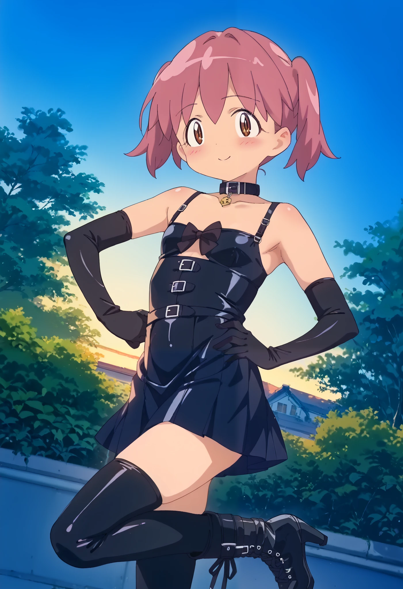 BDSM、Queen、mistress、(((One girl)))、solo、(((Glossy latex outfit)))、(((Long gloves covered to the fingertips in black latex:1.4 )))、(((Black latex corset dress with pink ruffles:1.4)))、(((The corset dress is decorated with beautiful lace.)))、(((Corset dress with shoulder straps)))、(((A tight black miniskirt with pink frills:1.4)))、(((Black Thigh Boots)))、(((Black fishnet stockings:1.2 )))、Stiletto heels、(((Black latex panties)))、(((Black latex bra)))、(((Black leather collar)))、(((Sexy pose:1.4 )))、Wide-open legs:1.2、(((Erotic)))、(((Cowboy Shot)))、(((Midday Park)))、Blue sky and green grass、Blonde short hair、Masterpiece、High resolution、high resolution、Masterpiece、Anatomically perfect body、Anatomically perfect hands and feet、Detailed face、Detailed eyes、Wicked Smile、Cold Stare、blush:1.4、Sweat