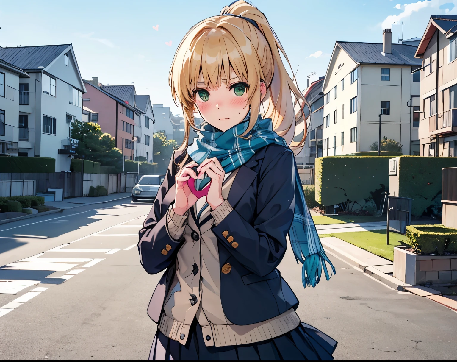 ブロンド blonde long hair green eyes ponytail cute girl high school girl pleated skirt、 beige cardigan navy blue blazer Large scarf Hi-Res, accurate, top quality, 解剖学的に accurate, residential area Outdoors making a heart with hands I'm embarrassed blush troubled face