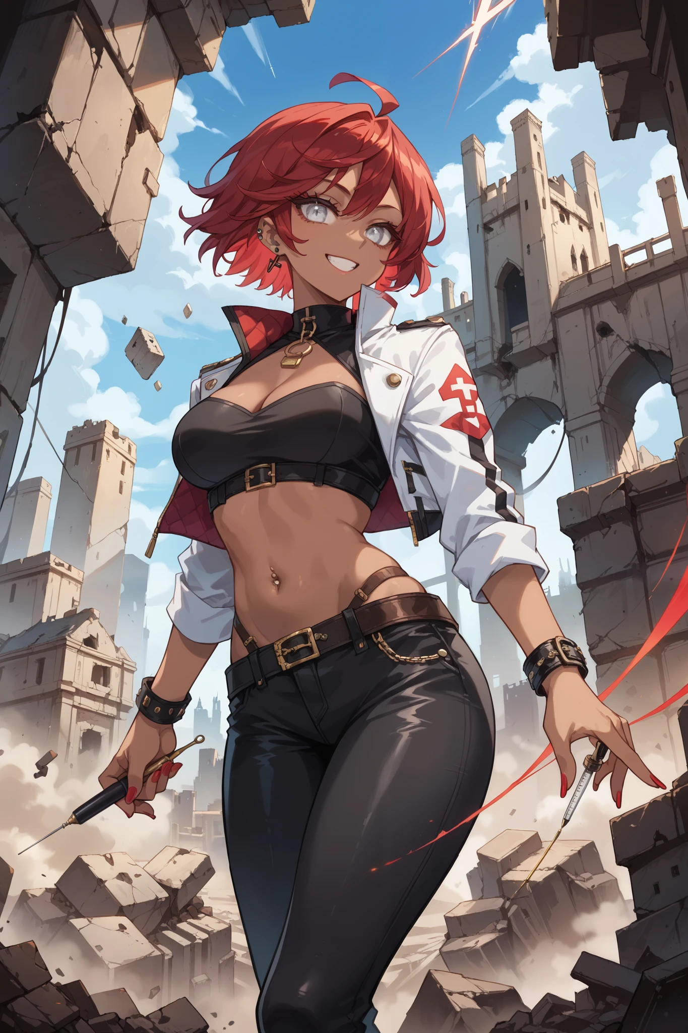 score_9, score_8_up, score_7_up, 1woman, dark skin, small hair, colorful hair, mix of black and red hair, white eyes, big chest, nice rounded ass, white leather mini jacket, black crop top, black leather pants, brown straps, heel boots, belly piercing, make up, long eyelashes, long polished nails, BREAK, a giant floating spider like ghost floating behind her, invisible wires, holding a giant needle, standing in the middle of ruins, castle ruins, destruction, dirty red carpets, happily smile.