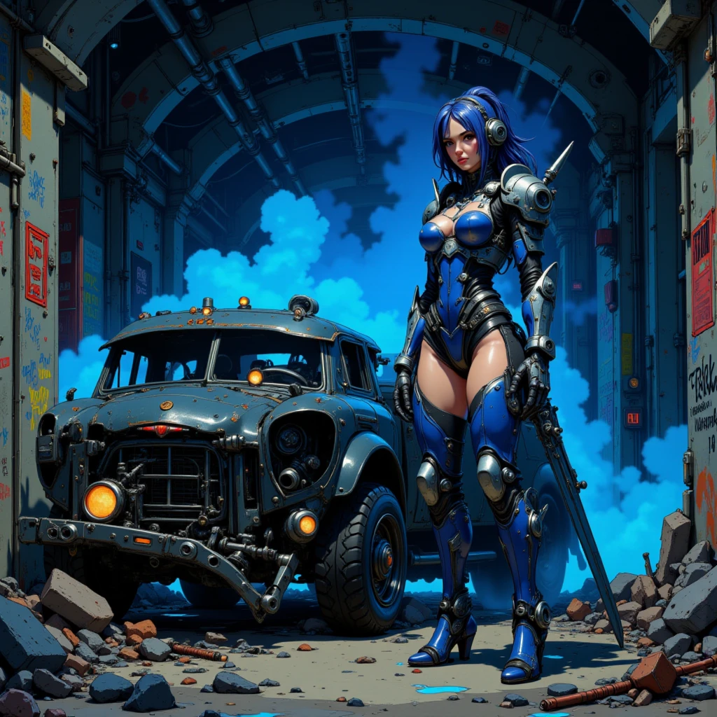Sophi turner is infected by a Gene Stealer in warhammer 40k ( ragged clothes, 4 large chitinous arms ending in 3 large claws, 4 eyes on the right side of her head, insanely large mouth full of red sharp teeth, long purple tapered tongue, extra powerful legs,skin mottled with ugly chitinous patches, tattered blue uniform of the Astra Militarum), she is poised over a pool of water catching mutant fish in her clawed hands, ruined sci fi gothic city
