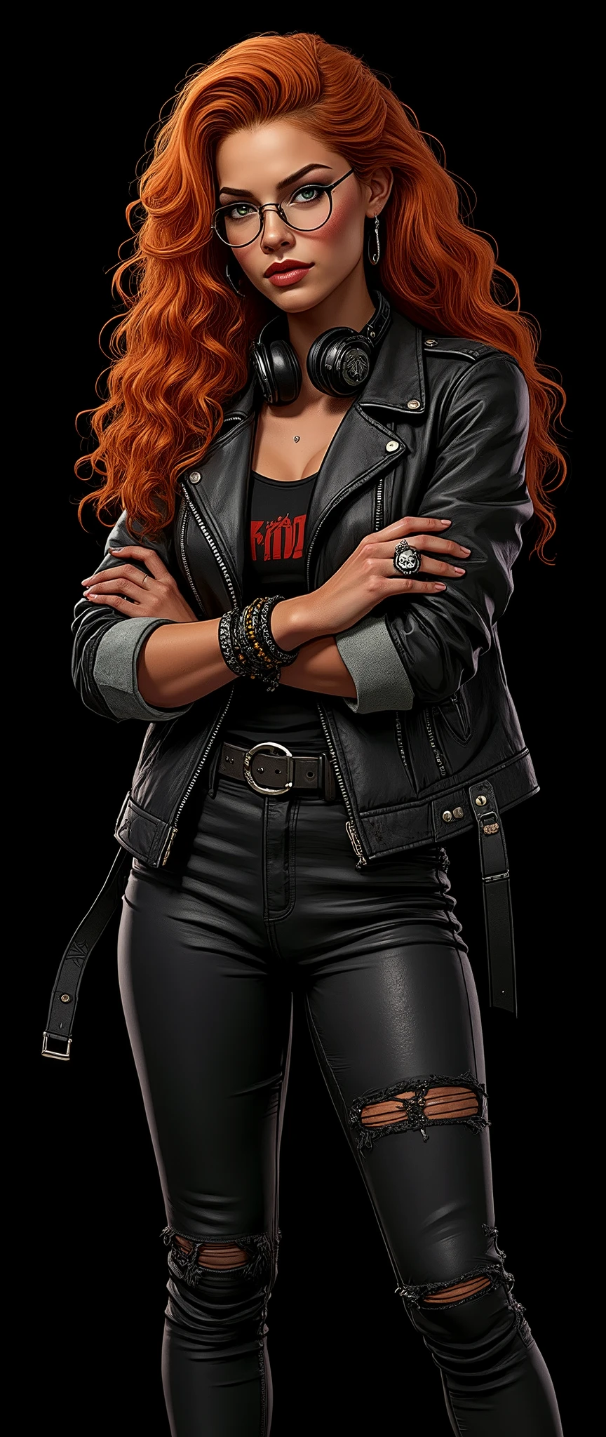 ((artwork, highest quality, Highest image quality, high resolution, photorealistic, CRU photo, 8k)),(best quality, 4k, high resolution, masterpiece: 1.2), ultra detailed, (realistic, photorealistic: 1.37), ray tracing, image of a girl, very pretty, pure black background ideal for wallpaper, extra detailed body, extraordinarily sensual, very expressive, seductive face. She is wearing metal framed reading glasses, she is listening to music with headphones on her head, her arms are crossed on her chest. She is wearing a heavy metal leather jacket with the sleeves rolled up, under the jacket a black t-shirt with a metal music band logo, large chest, tight black leather pants with chains, black sneakers, many bracelets on both arms, silver skull ring on her hand, very detailed skin, The woman is beautiful and radiant, strong, powerful, sun-kissed brown skin, blush on her cheeks, she is freckled, very long, curly and disheveled orange-red hair that falls to her chest, very detailed, layered hair with bangs. Very expressive dark green eyes, long eyelashes, thick, moist and pink lips. She smiles warmly and sensually at the camera. He is standing in front of the camera leaning his shoulder. Pure black background ideal for wallpaper, cold lights, cinematic lighting, dark colors, photorealistic, 8k, ultra detailed, masterpiece, comic cover, illustration, HDR-10, Ultra High Definition, studio lighting, ultra fine painting, sharp focus, physical representation, extremely detailed description, professional, vivid colors, concept art.