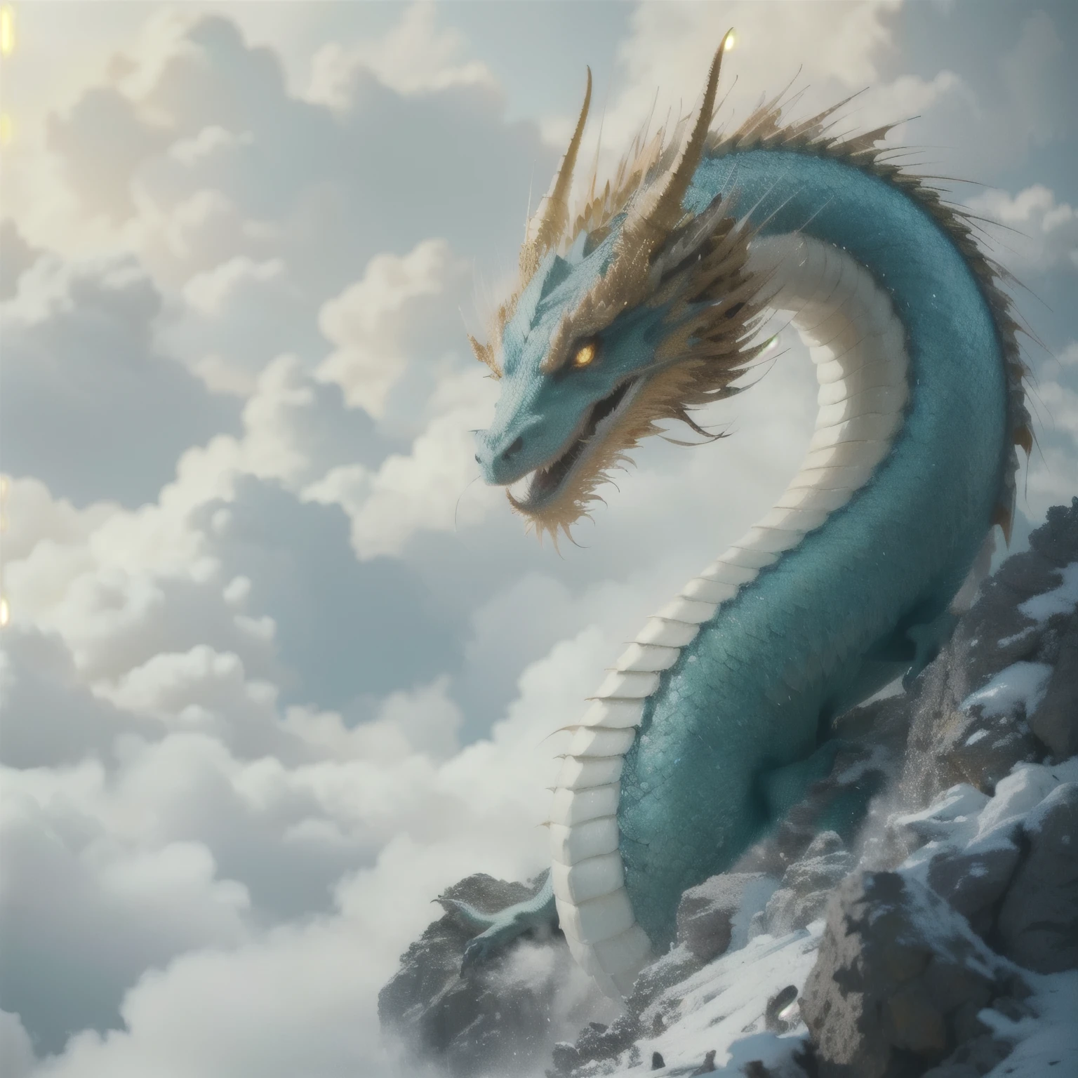 A giant oriental dragon looking down at us 、 A dragon that has beautiful Oriental scales on its body and is turquoise blue and gives off an aura of gold、Rin々 facing the front like 