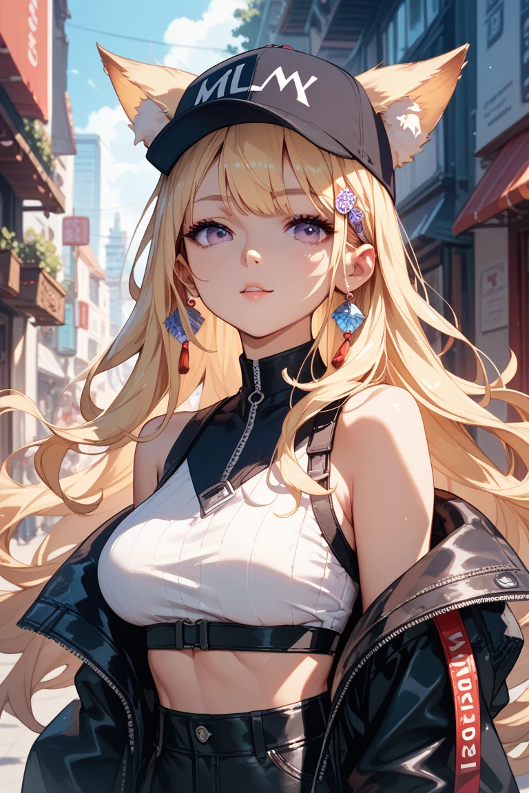 masterpiece, (detailed, highres, best quality), 1girl, face focus, close-up, <lora:spkotokaTorahime:1> kotokadef, hair scrunchie, x hair ornament, hairclip, necklace, headphones, black shirt, tied shirt, necktie, midriff, jacket, pleated skirt, belt, single thighhigh, wrist scrunchie