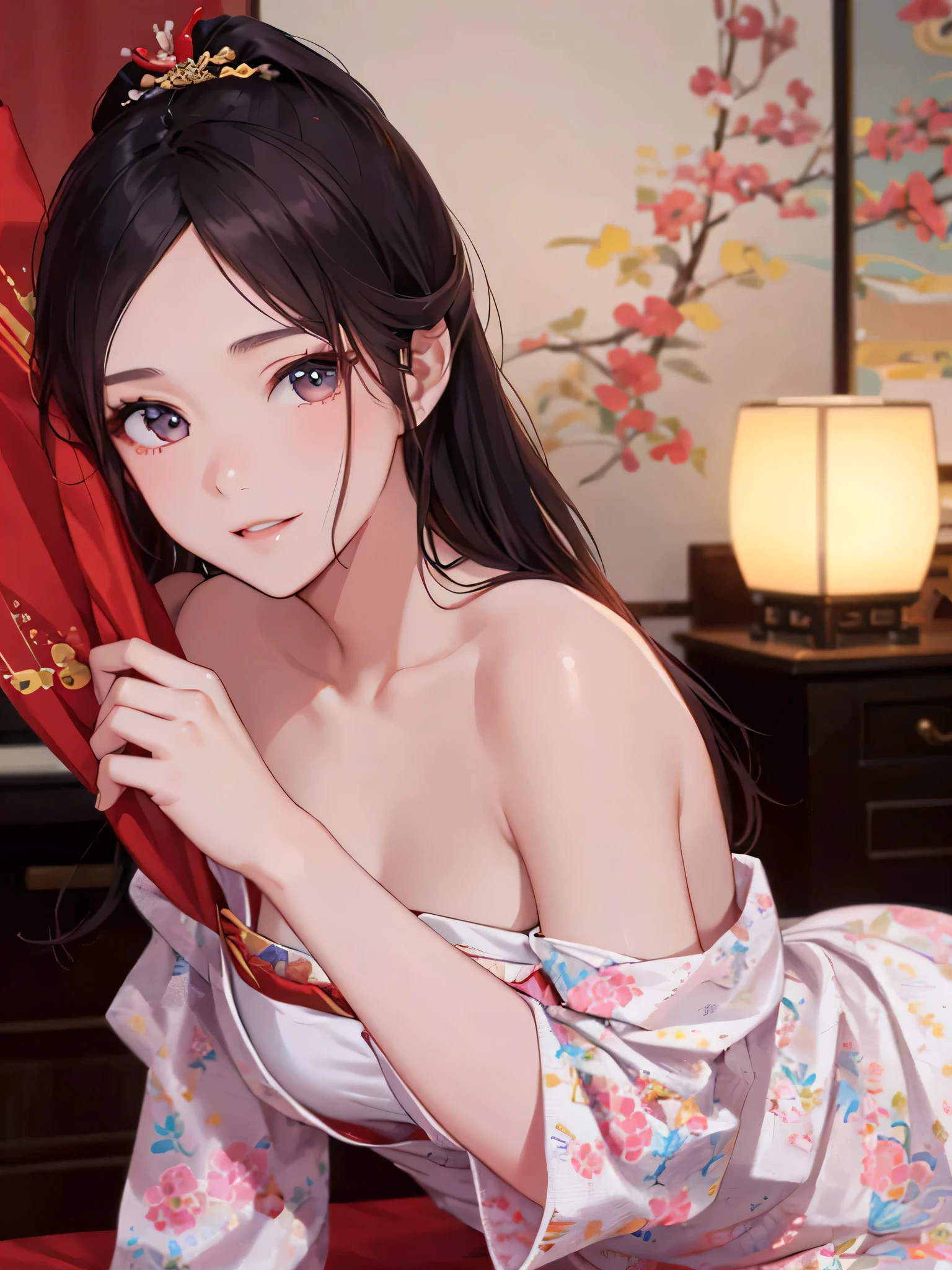 highest quality、Realistic、Women、zoom、cute Eyes、black hair、Bun Hair、kimono、White Lingerie、smile、Looking down、smile、Bust Shot、