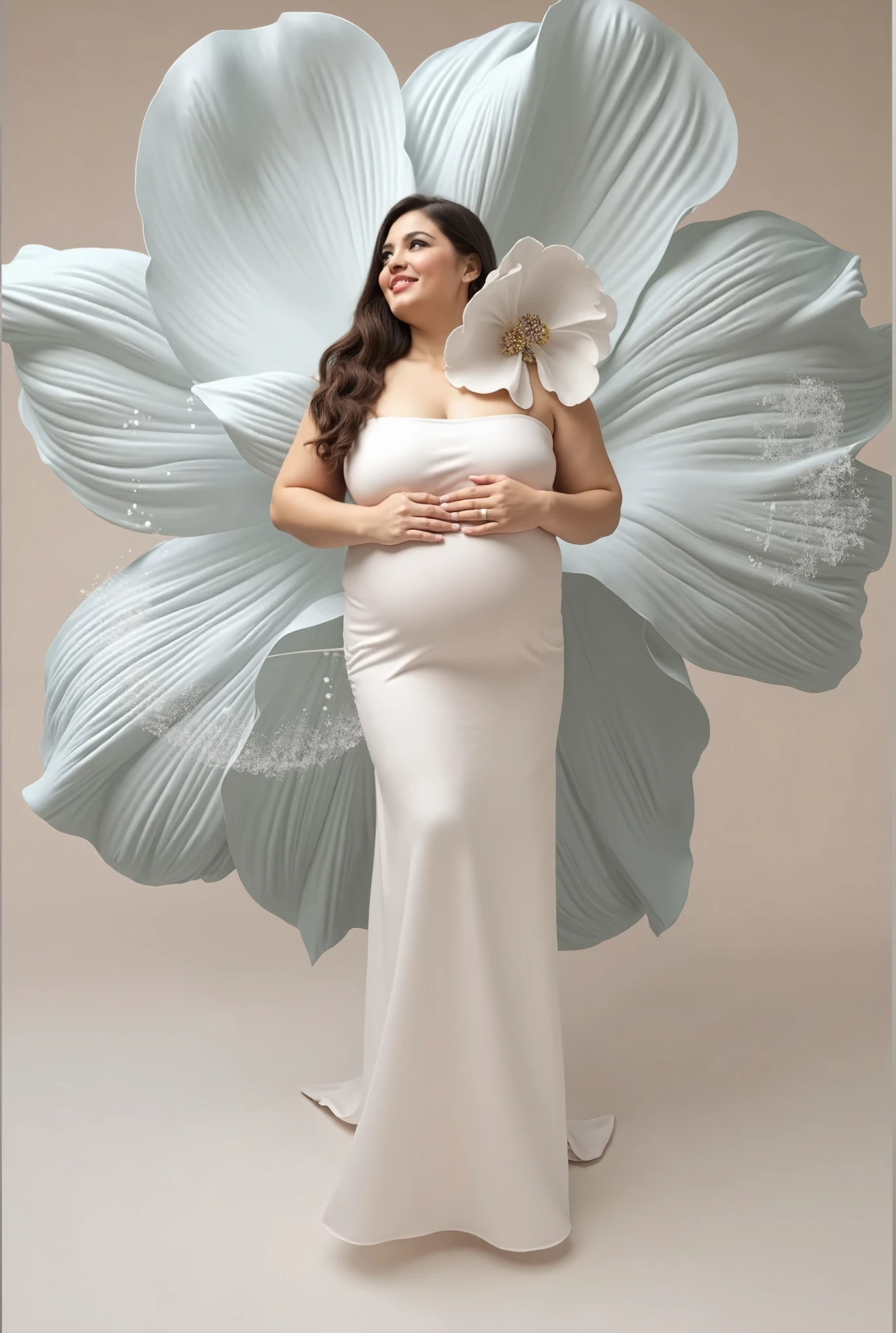 Digital drawing, 8k, best quality, a pregnant woman in a white dress posing for a picture, strapless dress, full body white dress, tube-top dress, white sundress, elegant white dress, full view. white plastic, wearing white dress, pretty white dress, white! dress, wearing a cute white dress, wearing a wet white short dress, white summer dress, white dress